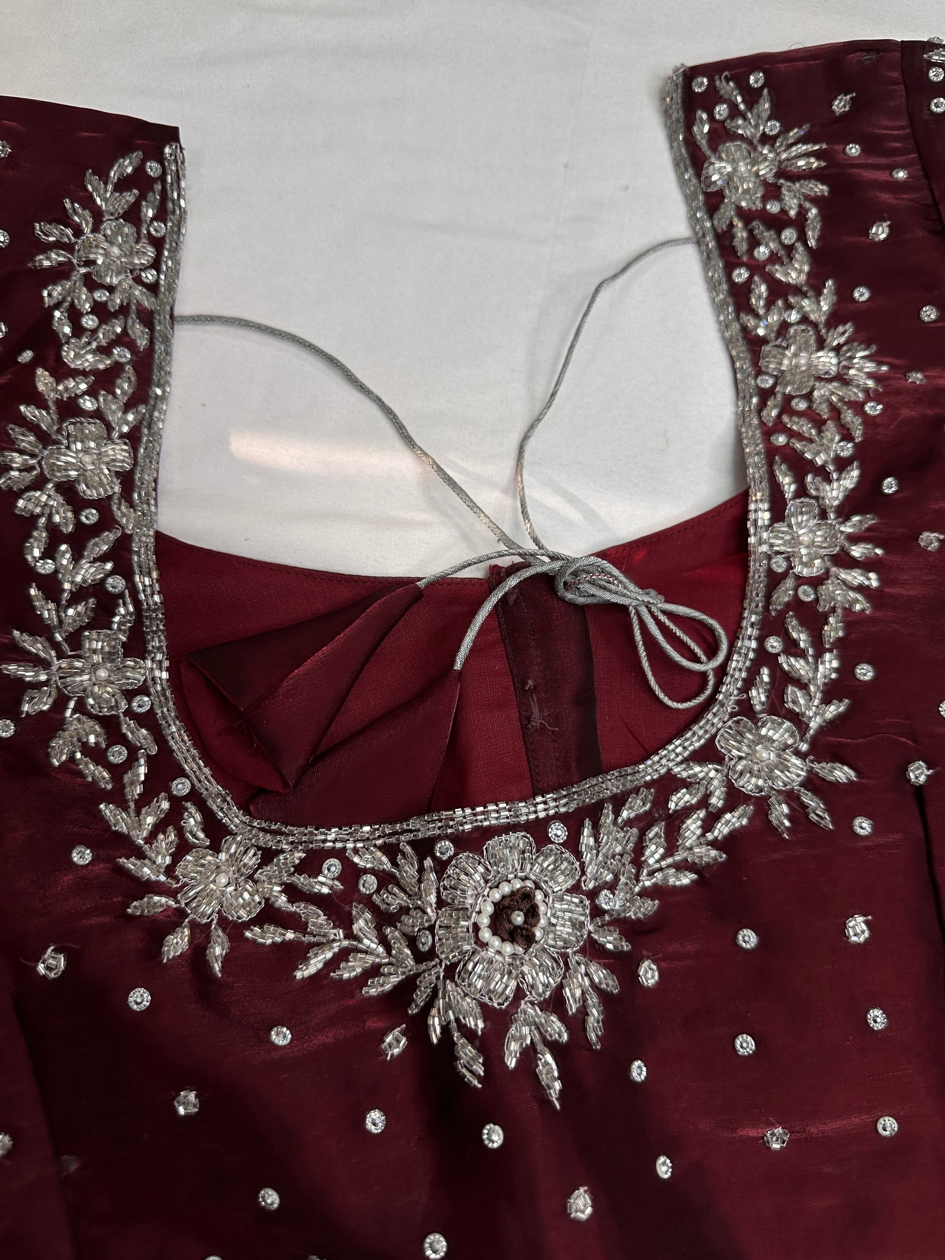 Crepe Maroon Red Silver Pearl Work Blouse - 