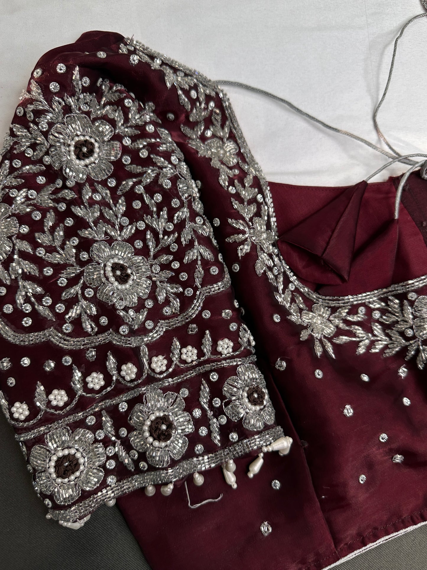 Crepe Maroon Red Silver Pearl Work Blouse - 