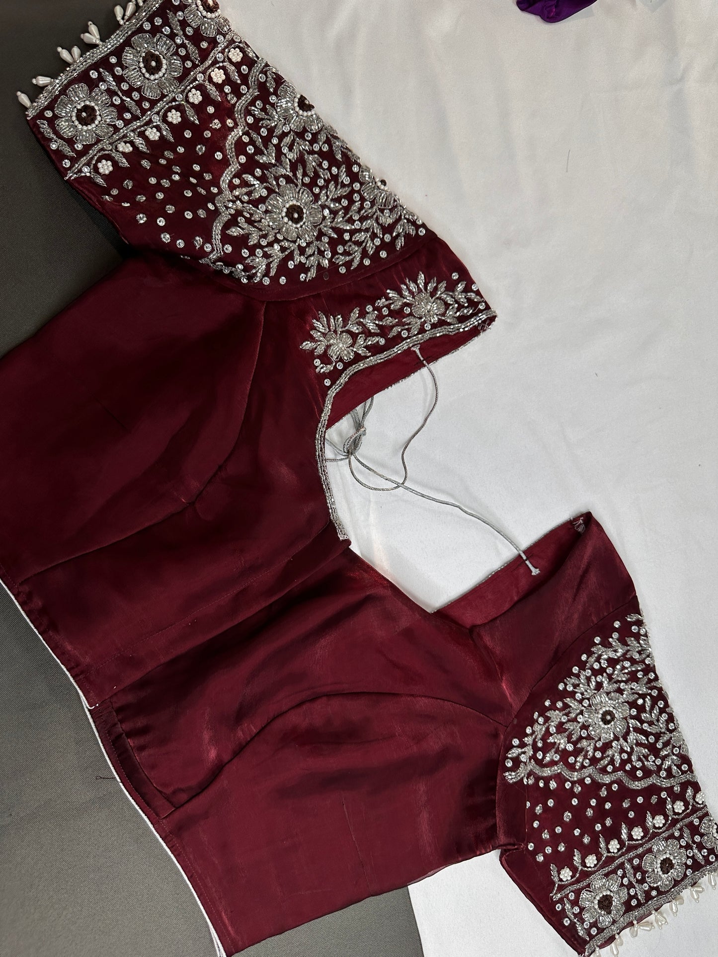 Crepe Maroon Red Silver Pearl Work Blouse - 