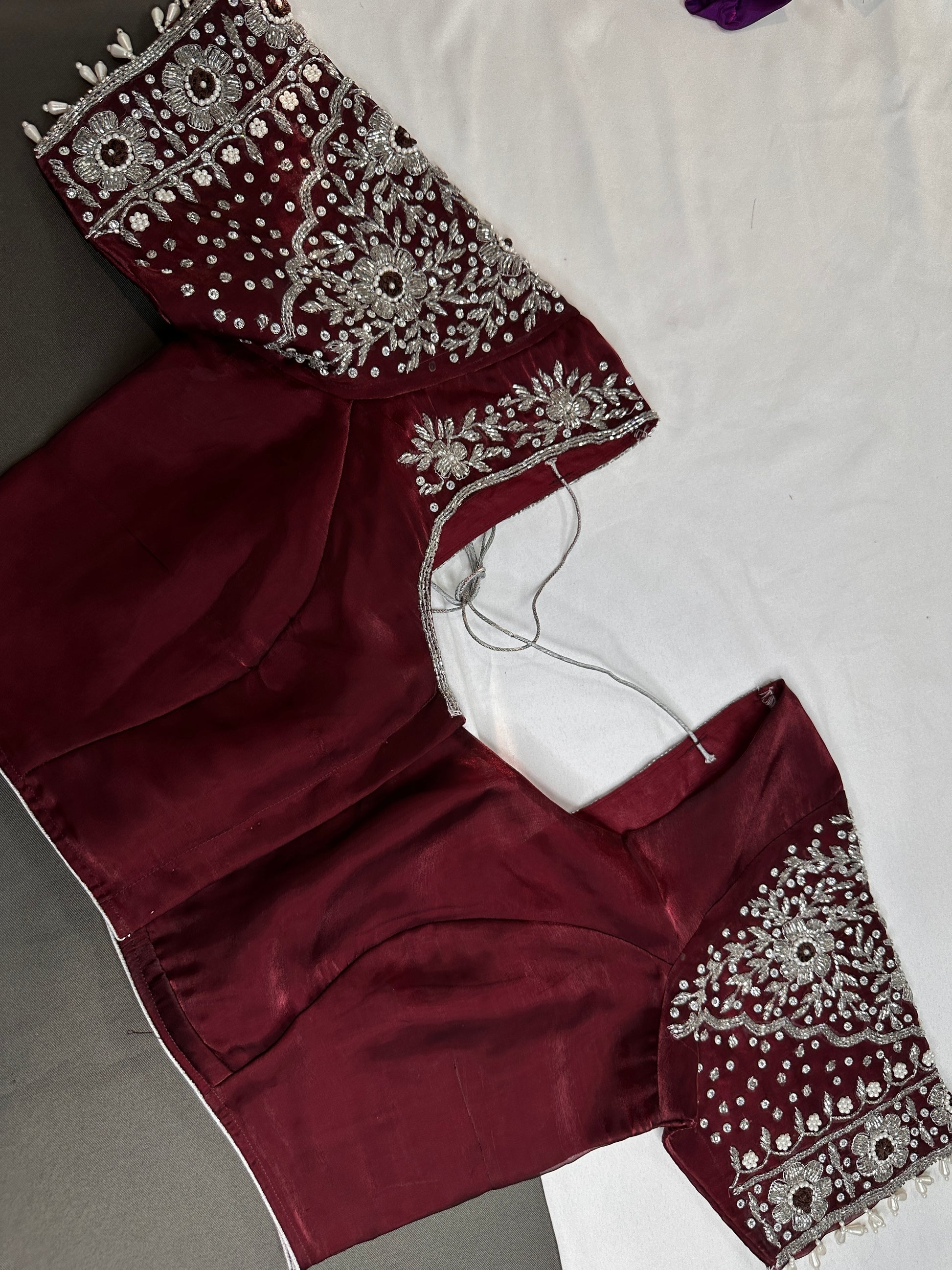 Crepe Maroon Red Silver Pearl Work Blouse - 