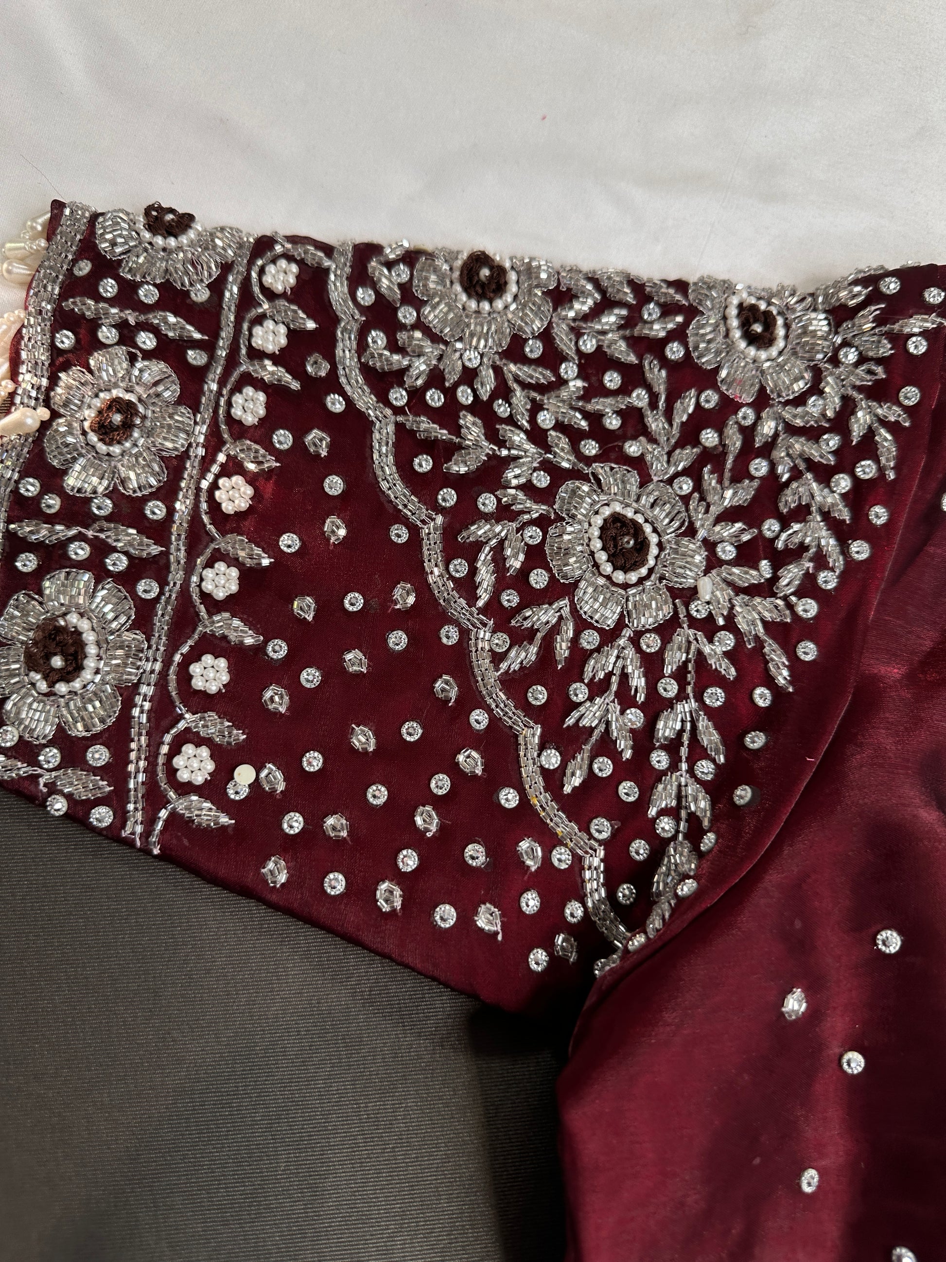 Crepe Maroon Red Silver Pearl Work Blouse - 