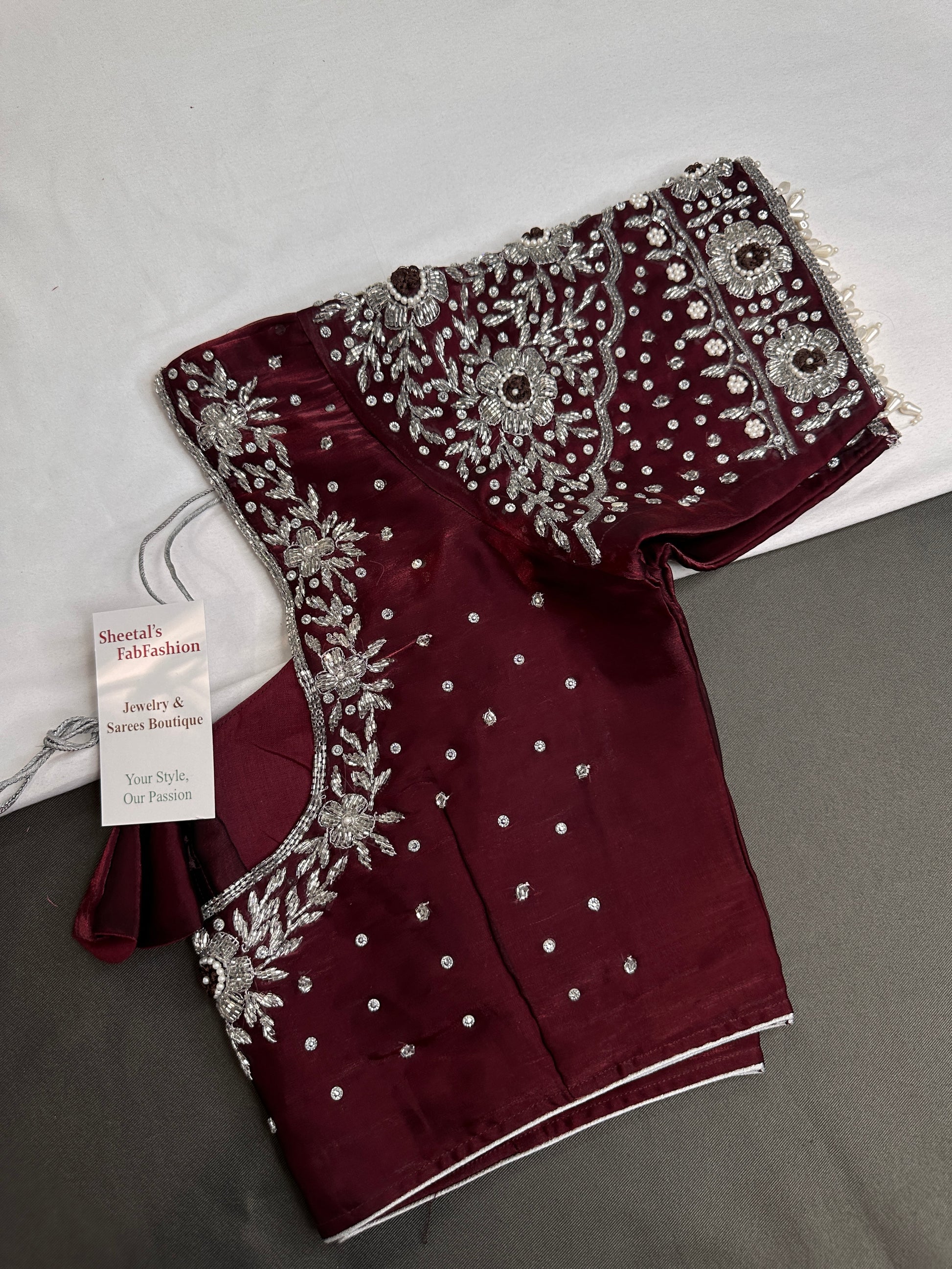 Crepe Maroon Red Silver Pearl Work Blouse - 