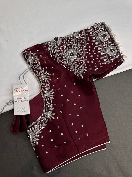 Crepe Maroon Red Silver Pearl Work Blouse - 