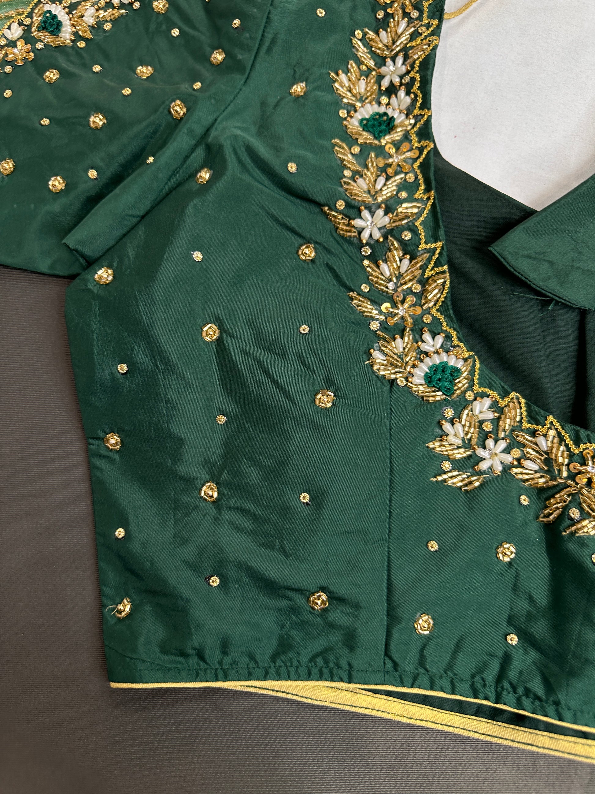 Green Silk Maggam Aari Work Blouse - 