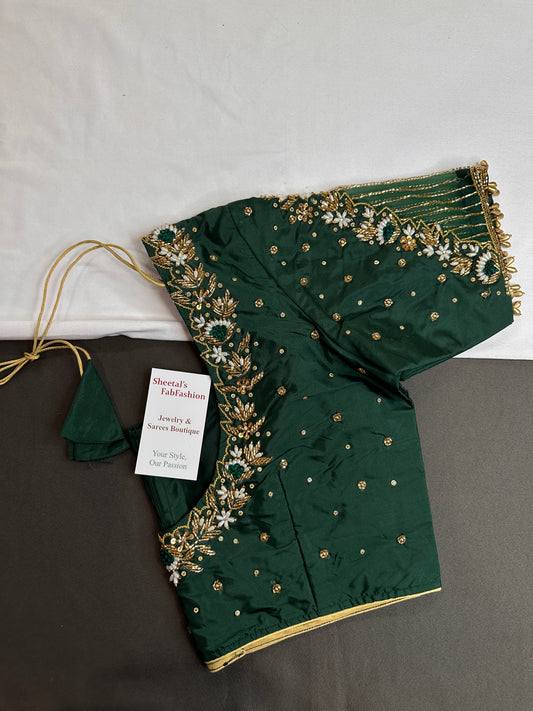 Green Silk Maggam Aari Work Blouse - 