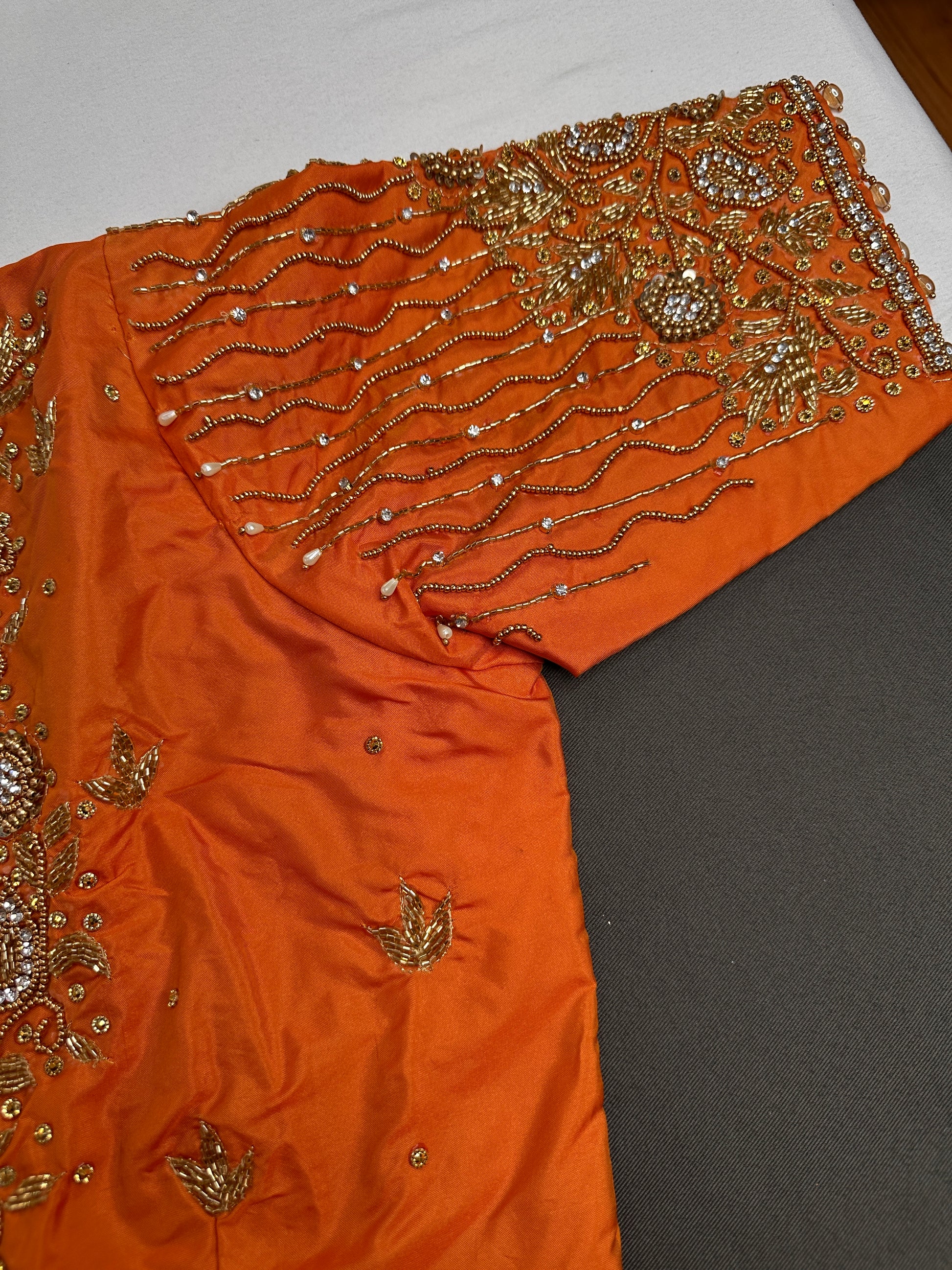 Orange Silk Maggam Aari Work Blouse - 