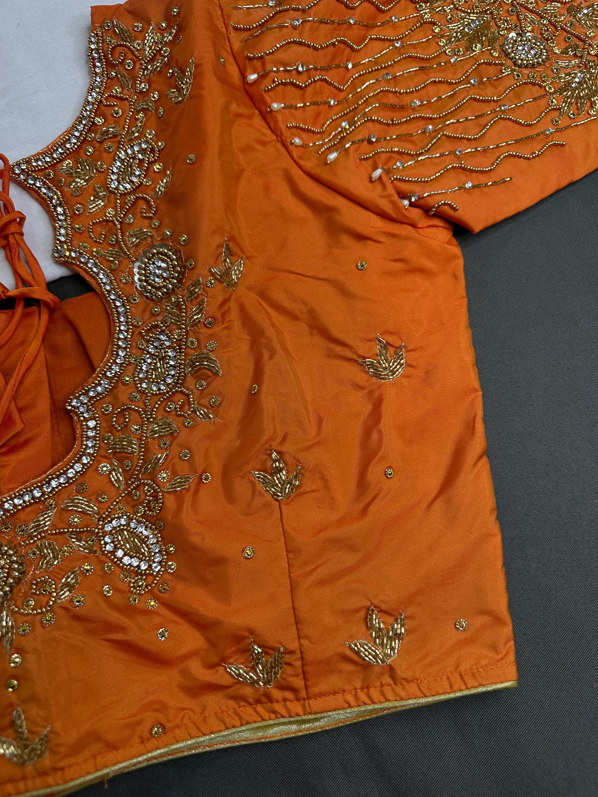 Orange Silk Maggam Aari Work Blouse - 