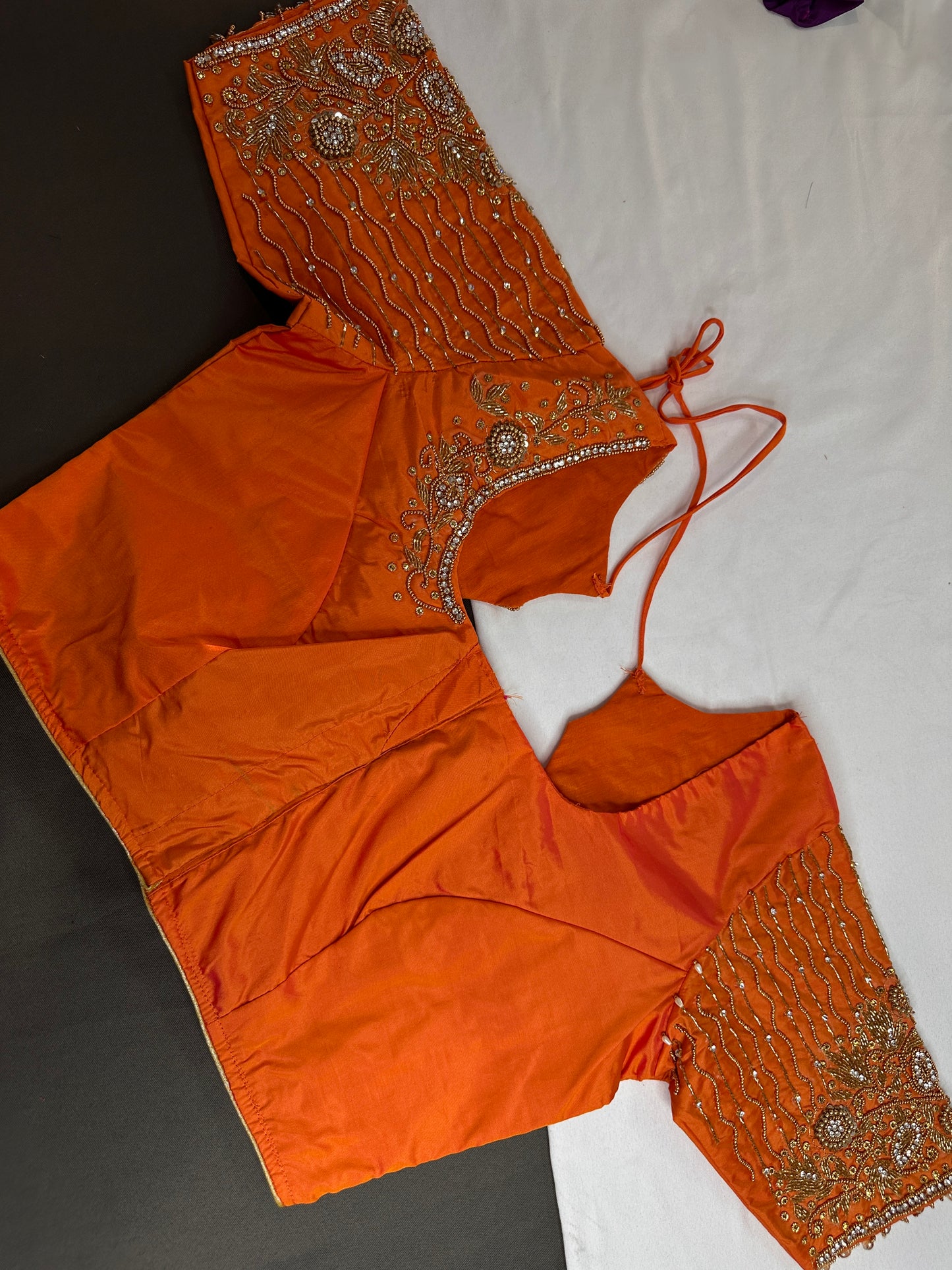 Orange Silk Maggam Aari Work Blouse - 