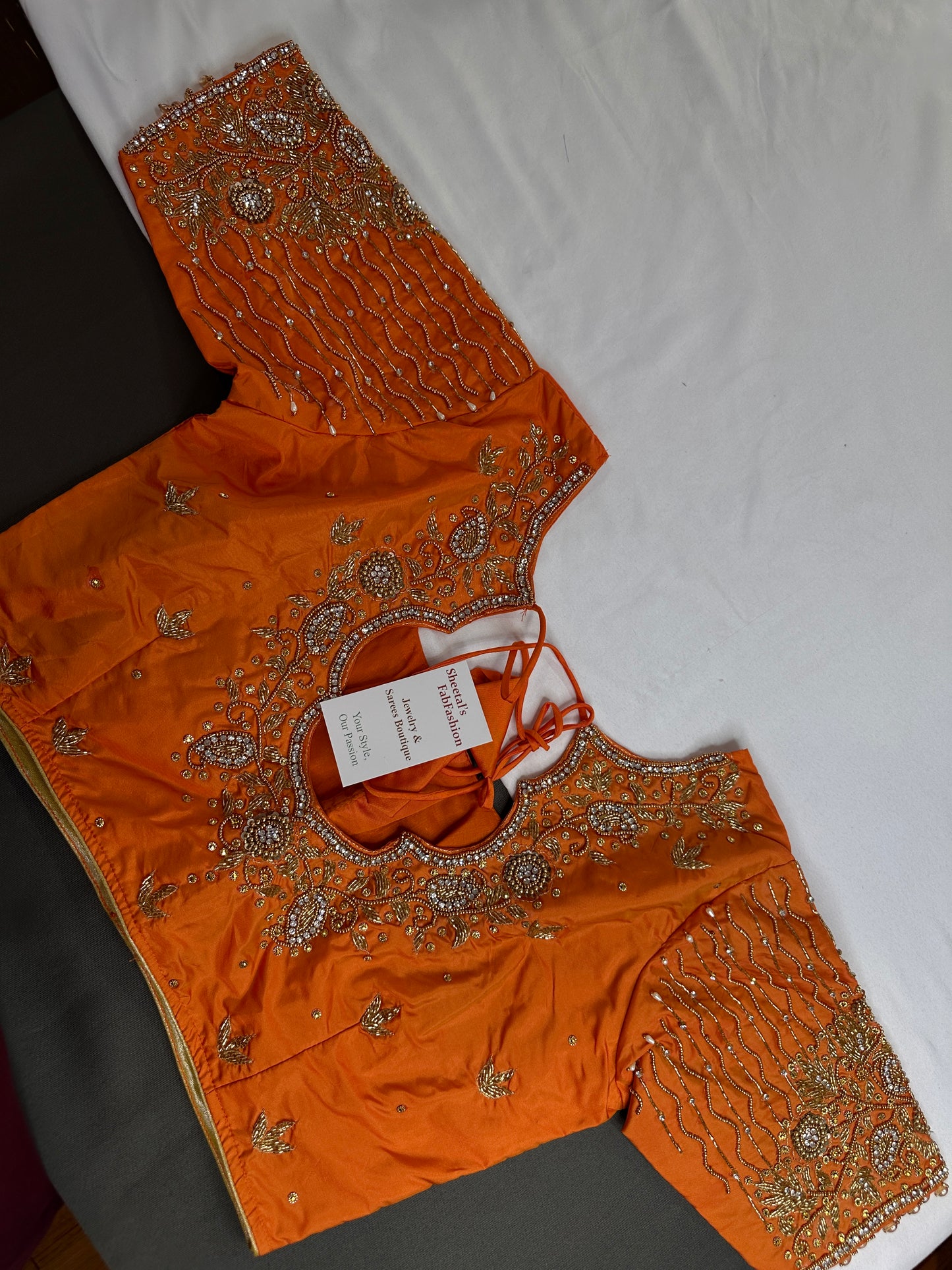 Orange Silk Maggam Aari Work Blouse - 