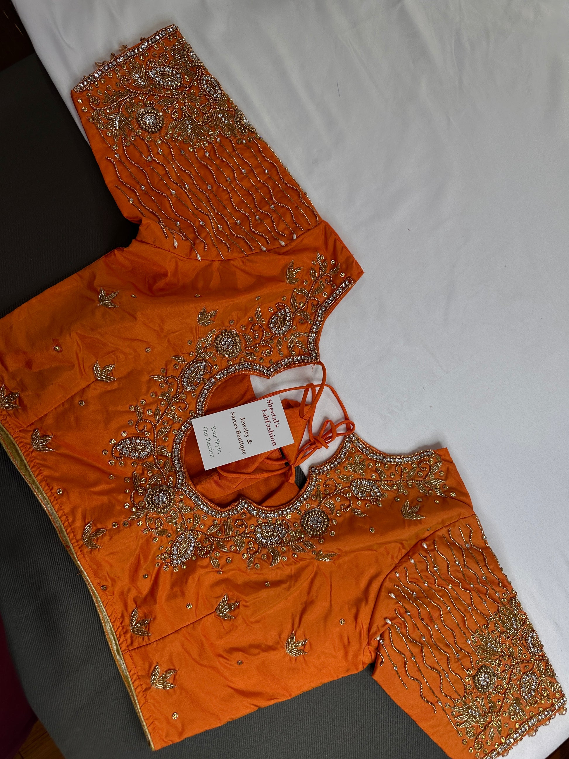 Orange Silk Maggam Aari Work Blouse - 