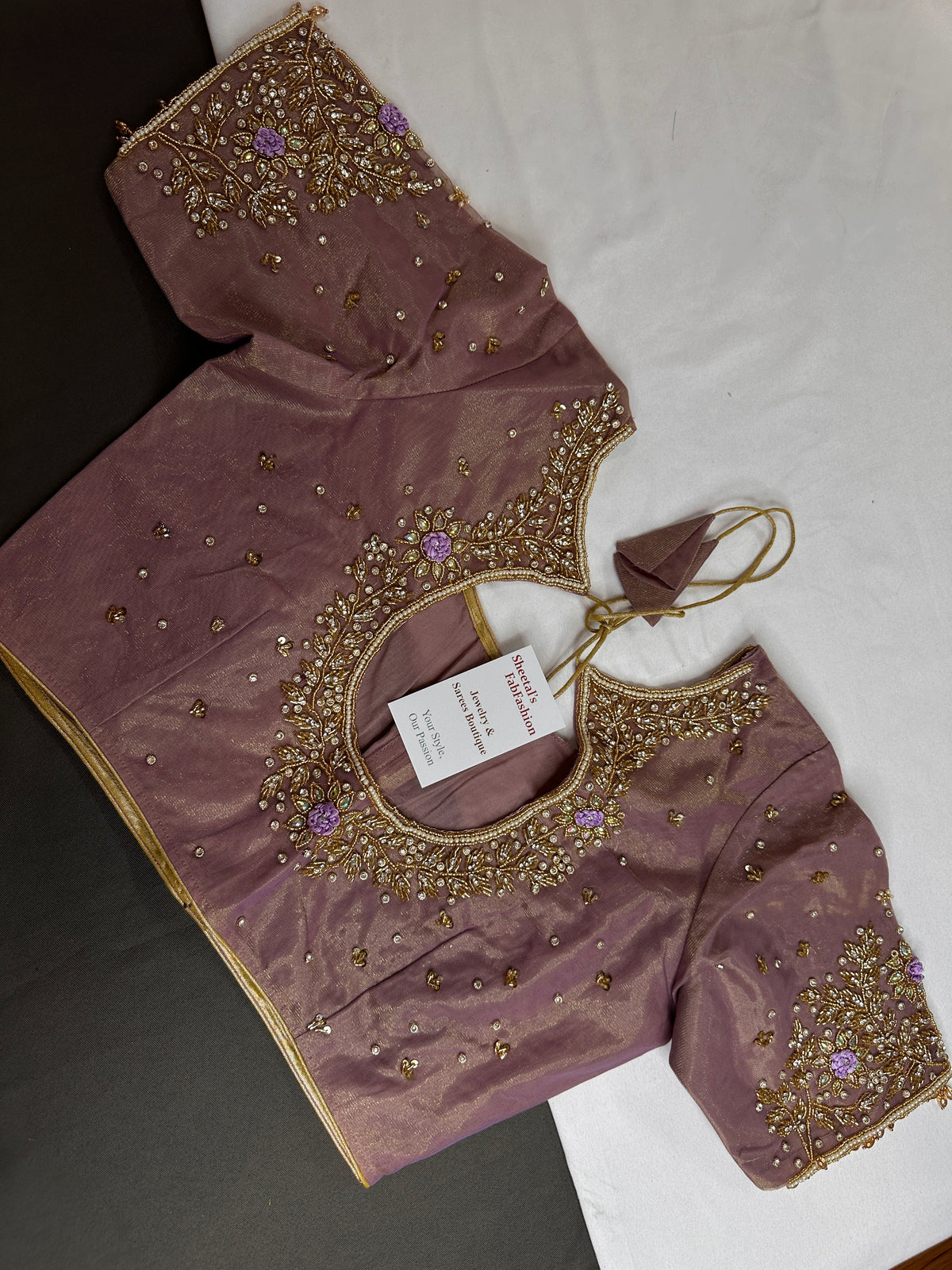 Lavender Tissue Silk Maggam Aari Work Blouse - 