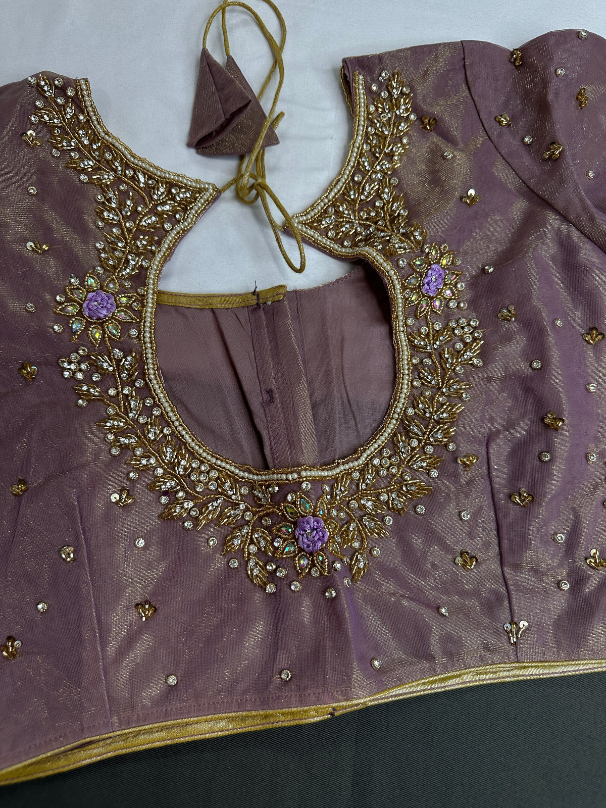 Lavender Tissue Silk Maggam Aari Work Blouse - 