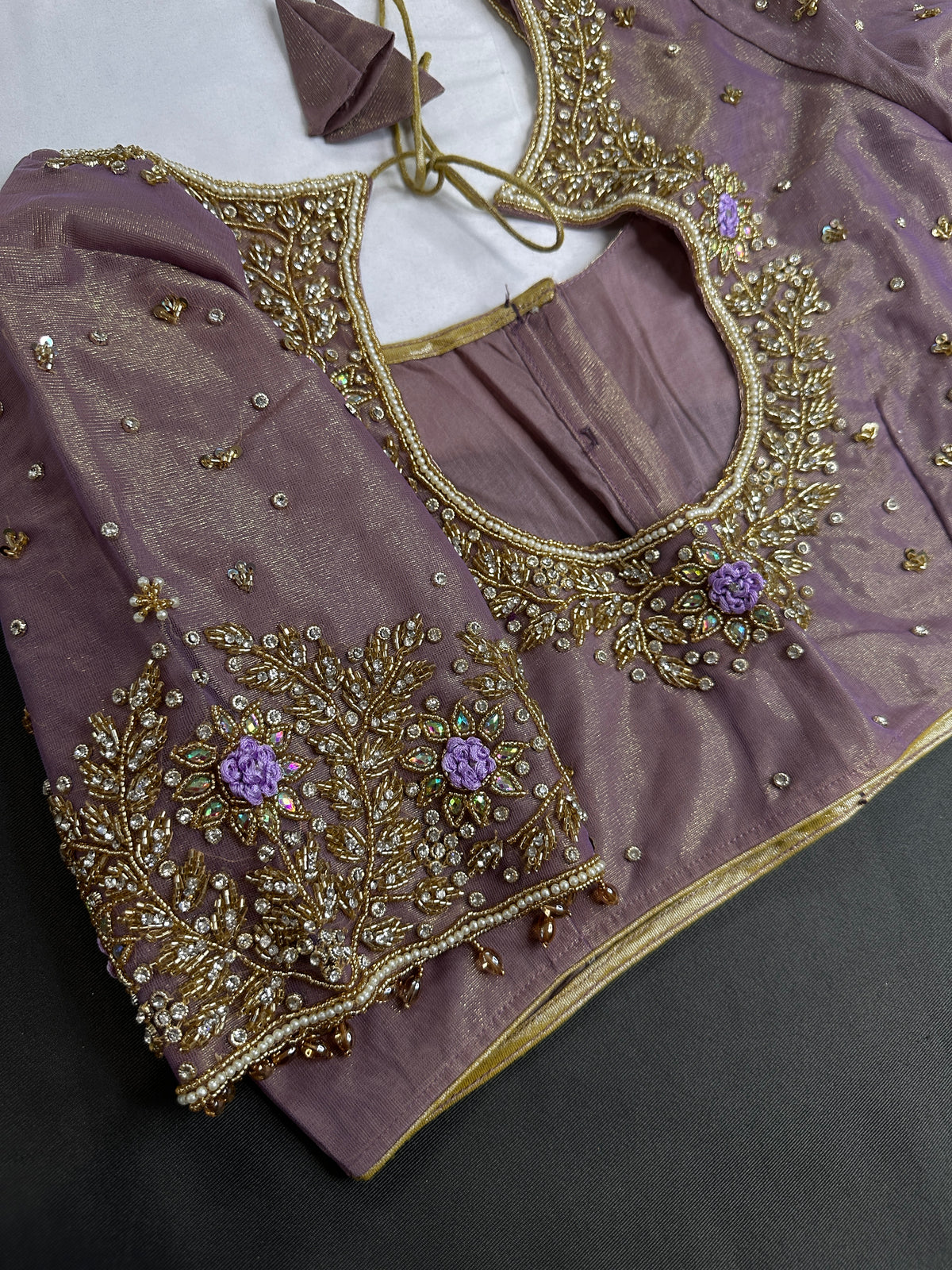 Lavender Tissue Silk Maggam Aari Work Blouse - 
