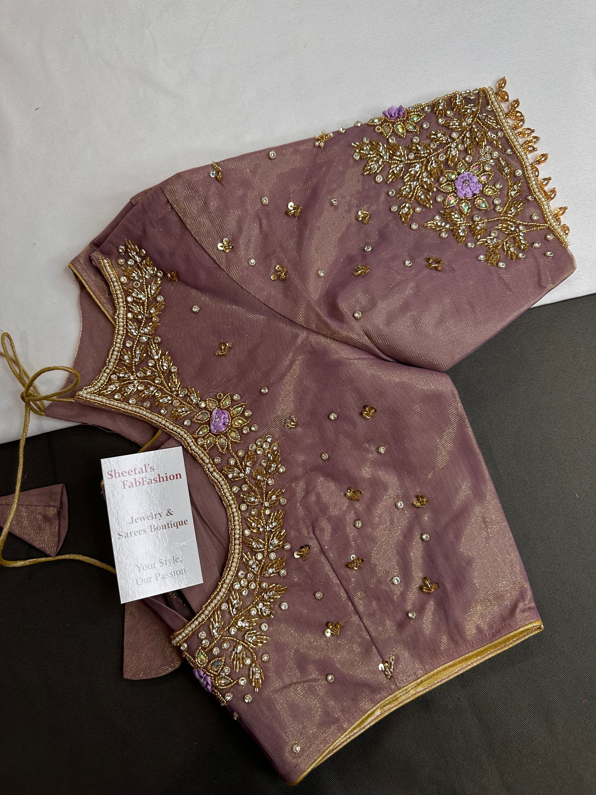 Lavender Tissue Silk Maggam Aari Work Blouse - 