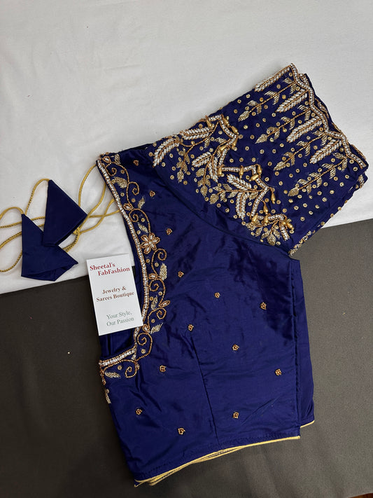 Blue Silk Maggam Aari Work Blouse - 
