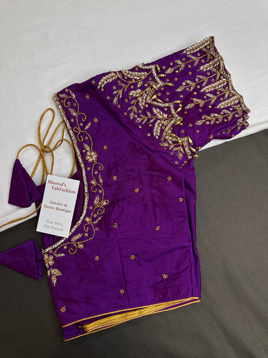 Purple Silk Maggam Aari Work Blouse - 