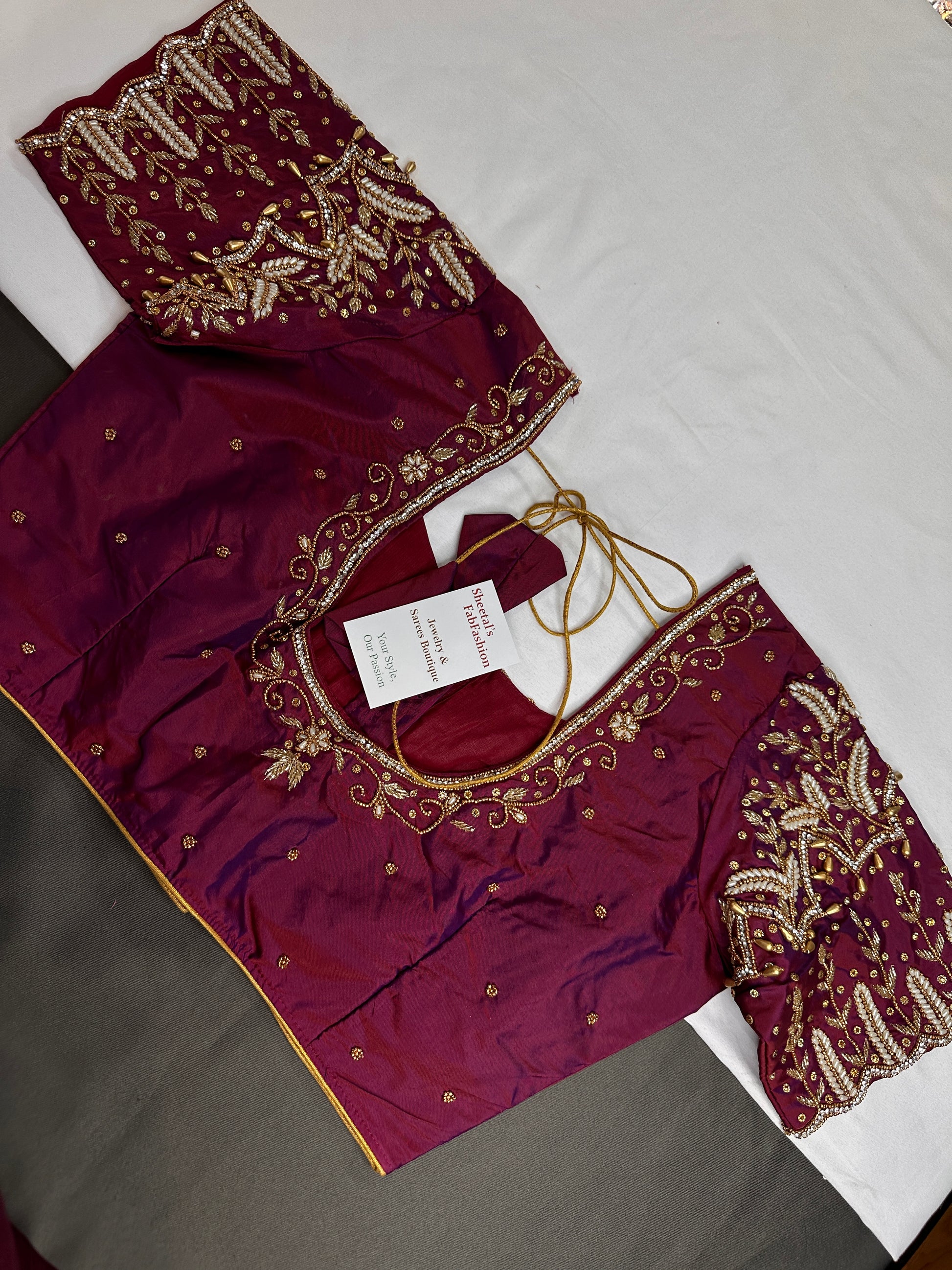Maroon Pattu Silk Maggam Aari Work Blouse - 