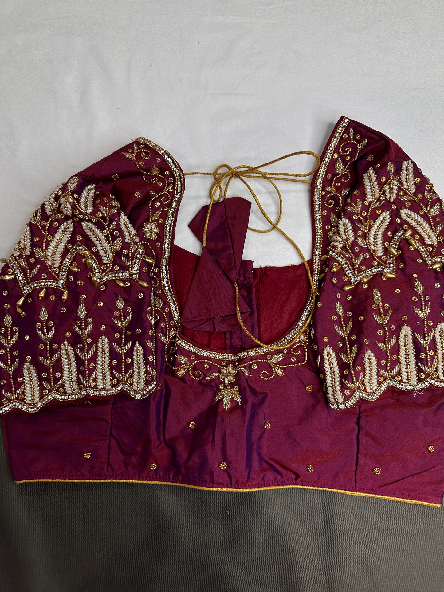 Maroon Pattu Silk Maggam Aari Work Blouse - 