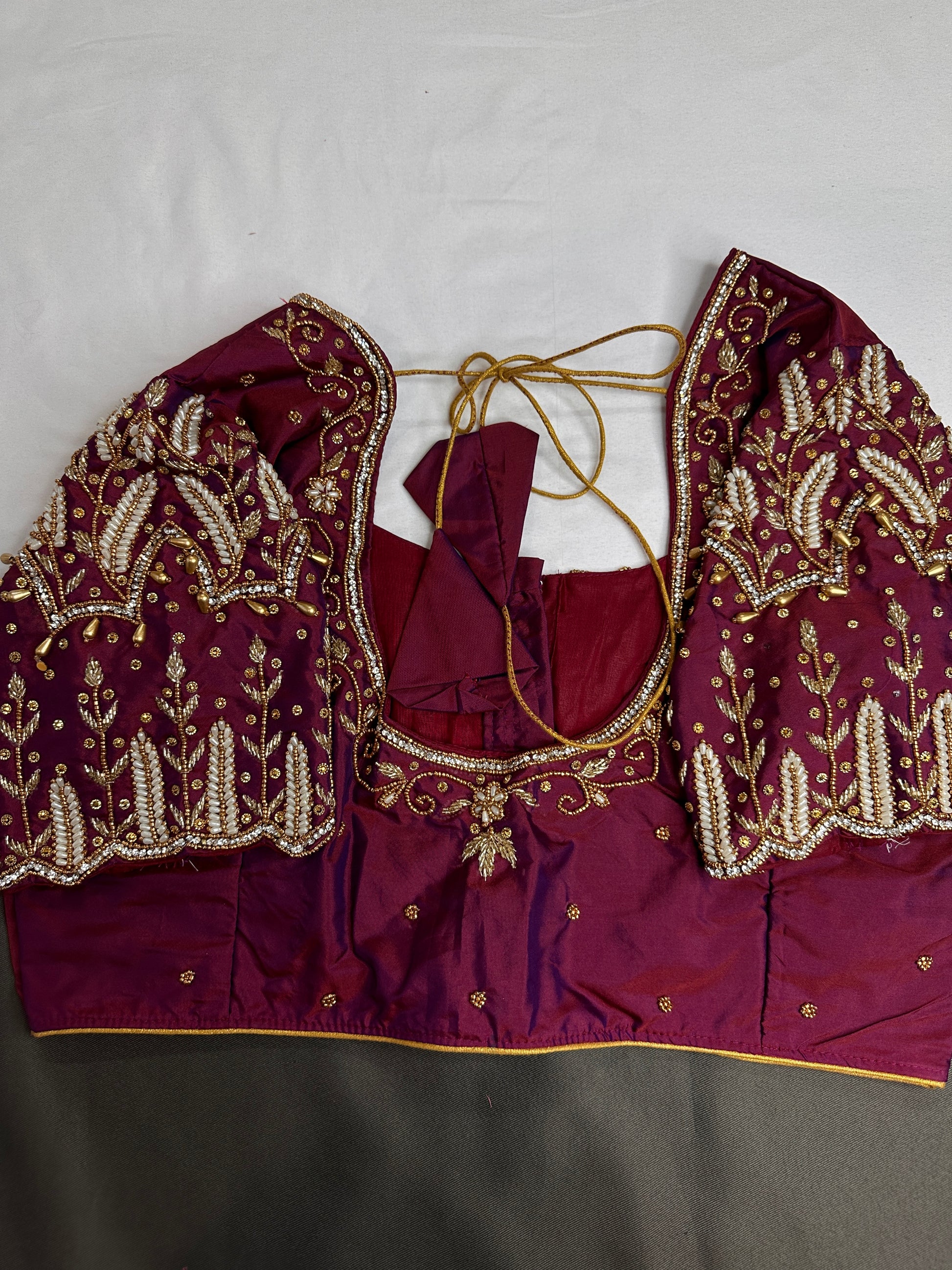 Maroon Pattu Silk Maggam Aari Work Blouse - 
