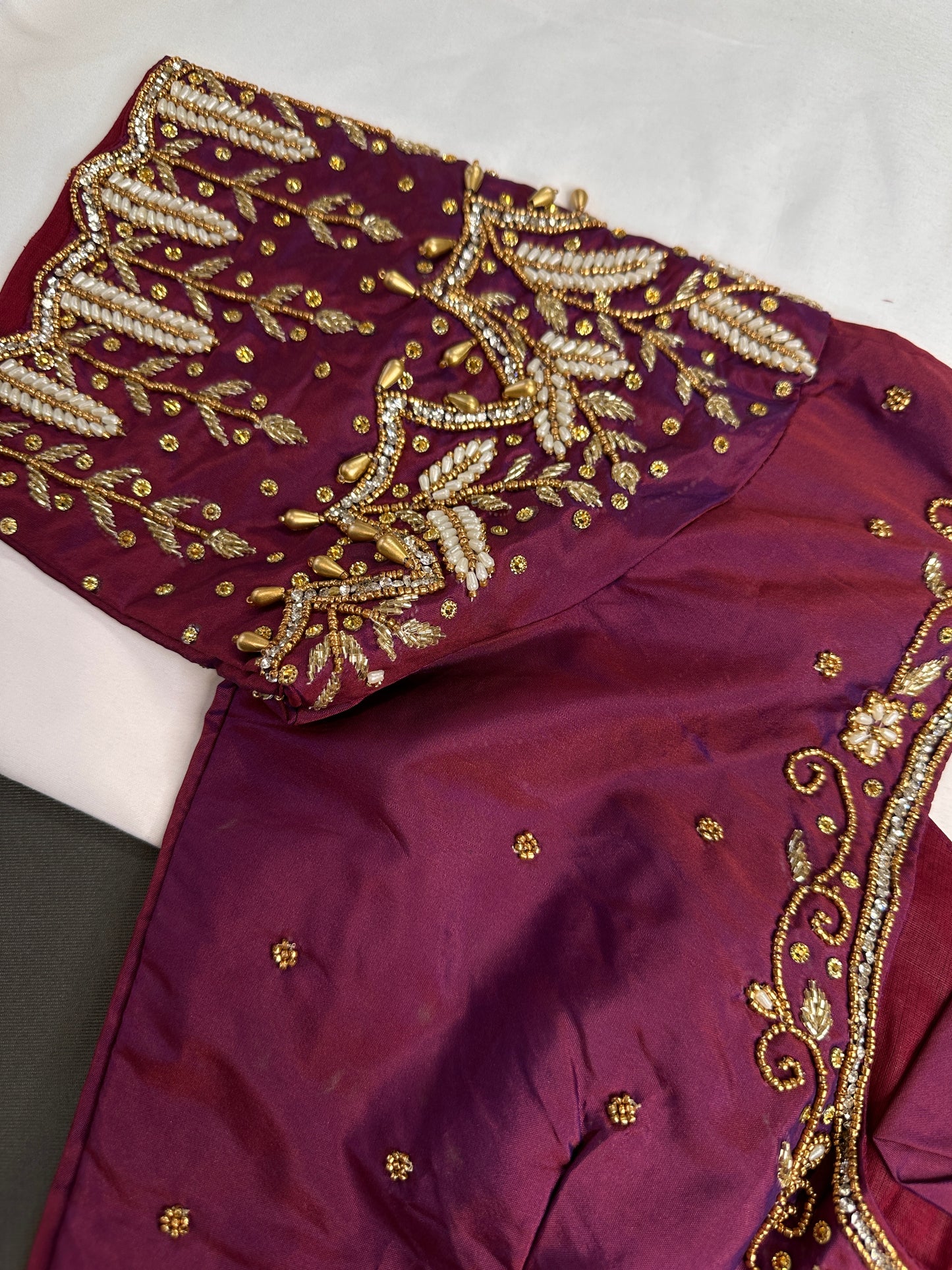 Maroon Pattu Silk Maggam Aari Work Blouse - 