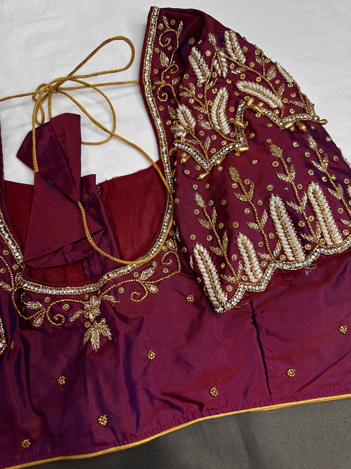 Maroon Pattu Silk Maggam Aari Work Blouse - 