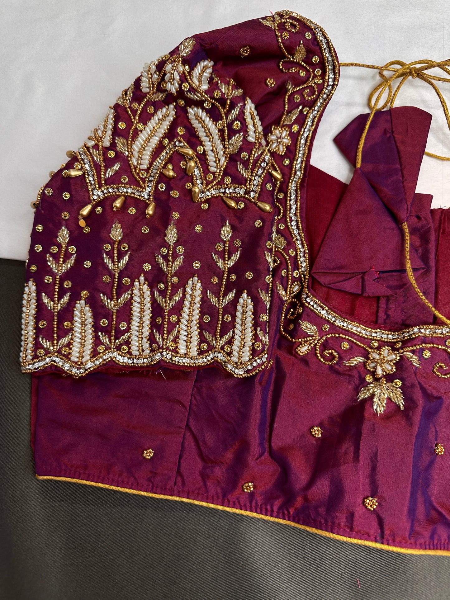 Maroon Pattu Silk Maggam Aari Work Blouse - 