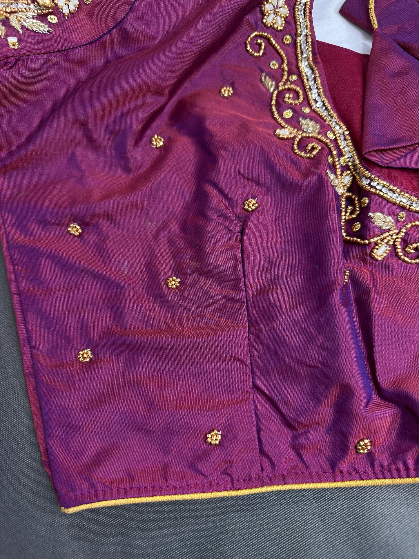 Maroon Pattu Silk Maggam Aari Work Blouse - 