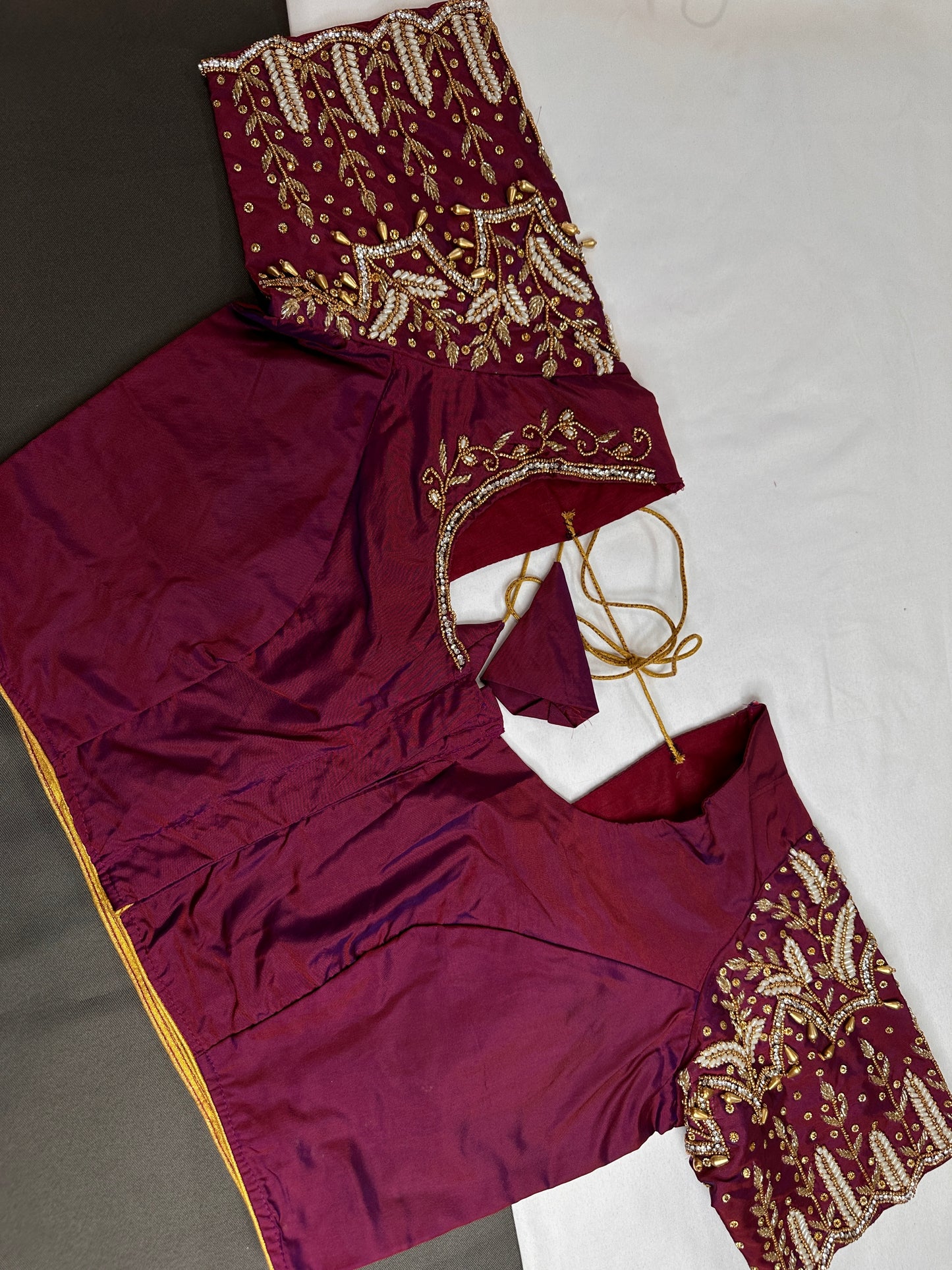 Maroon Pattu Silk Maggam Aari Work Blouse - 