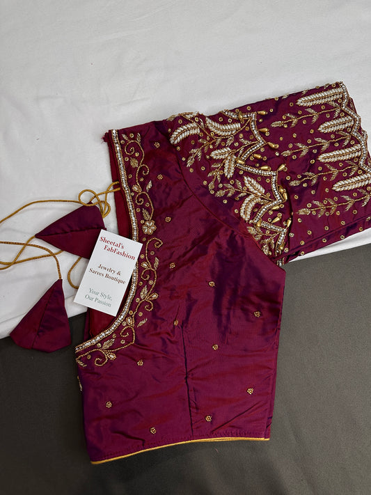 Maroon Pattu Silk Maggam Aari Work Blouse - 