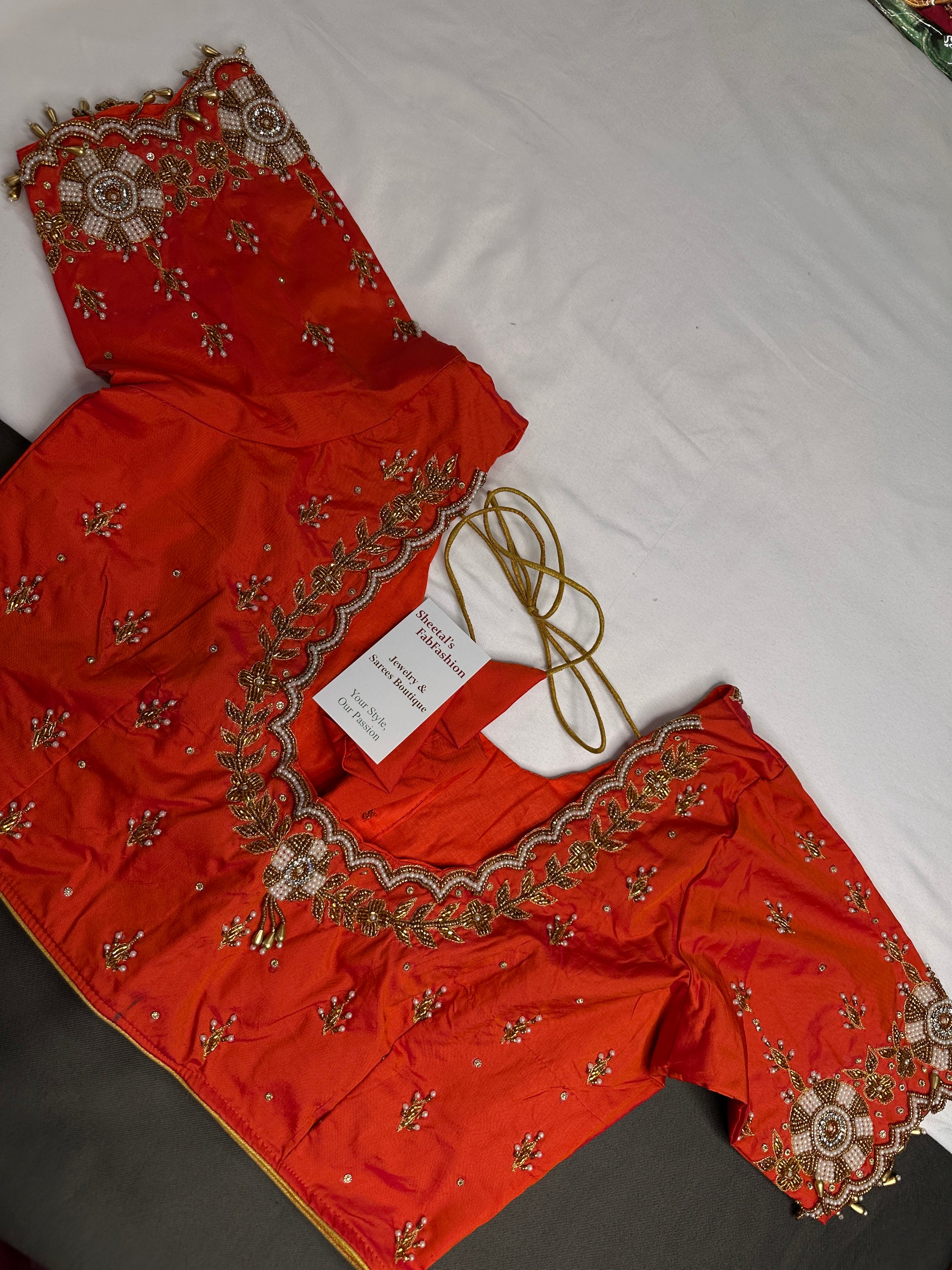 Orange  Pattu Silk  Pearl Maggam Aari Work Blouse - 