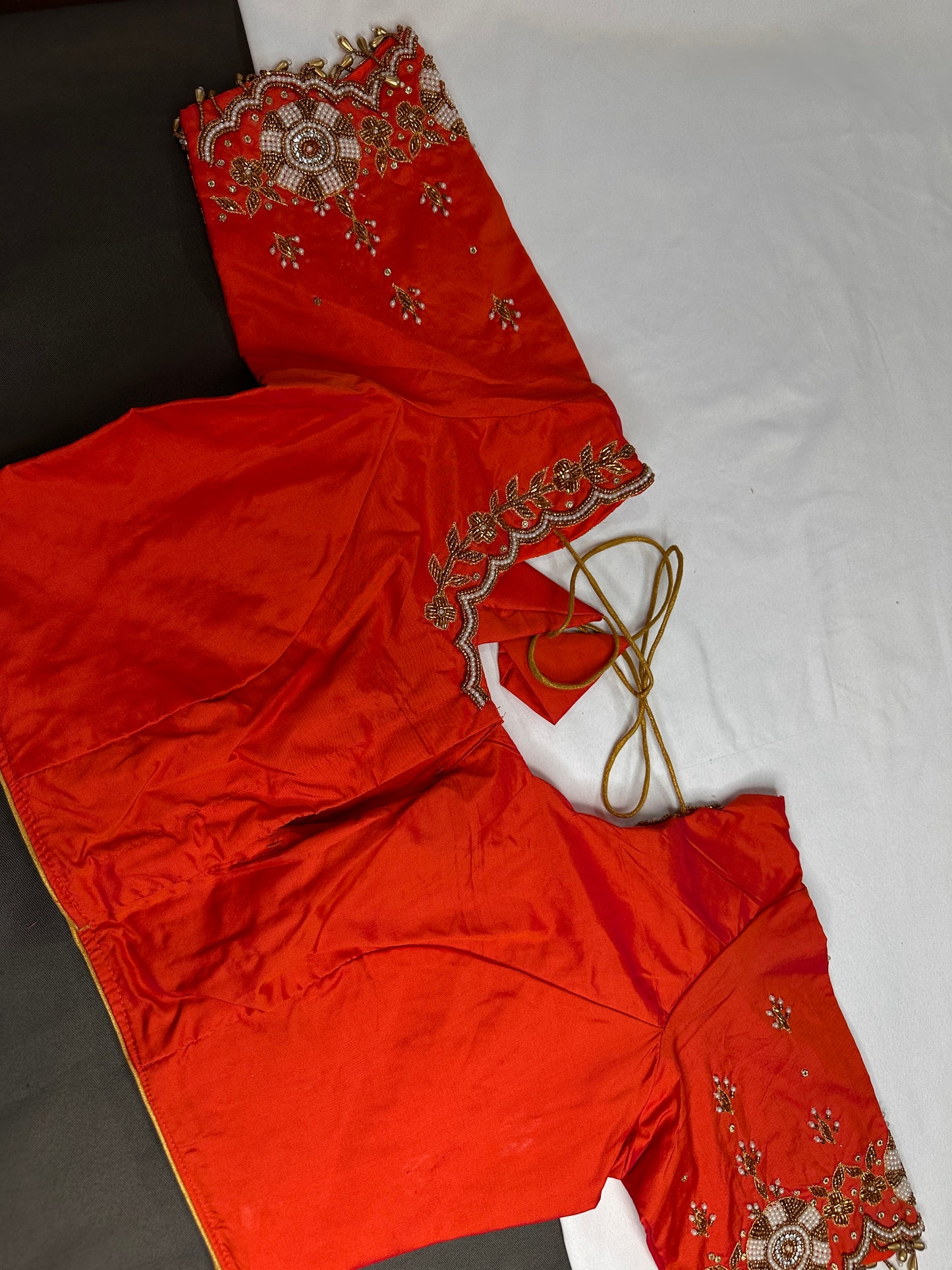 Orange  Pattu Silk  Pearl Maggam Aari Work Blouse - 
