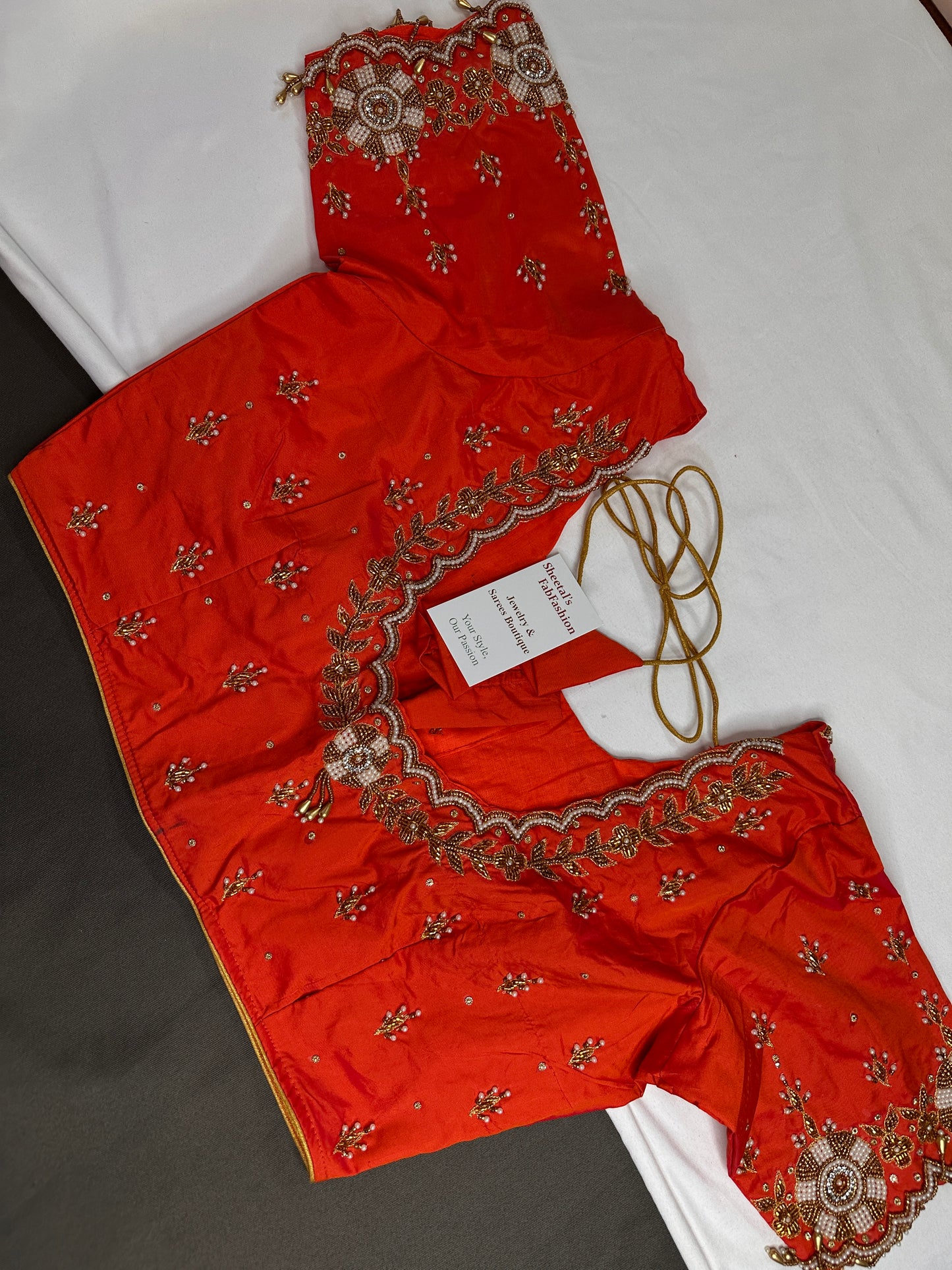 Orange  Pattu Silk  Pearl Maggam Aari Work Blouse - 