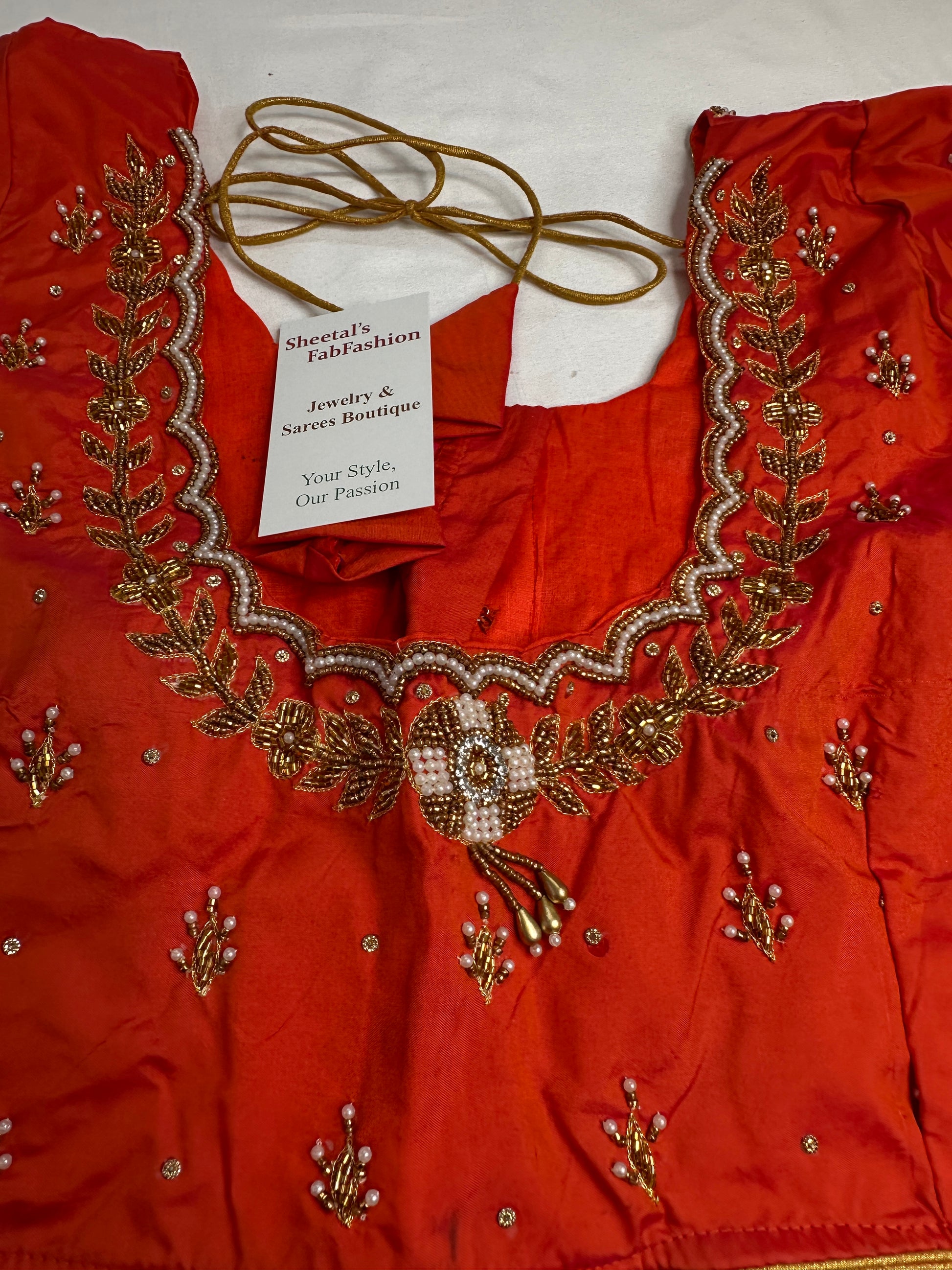 Orange  Pattu Silk  Pearl Maggam Aari Work Blouse - 