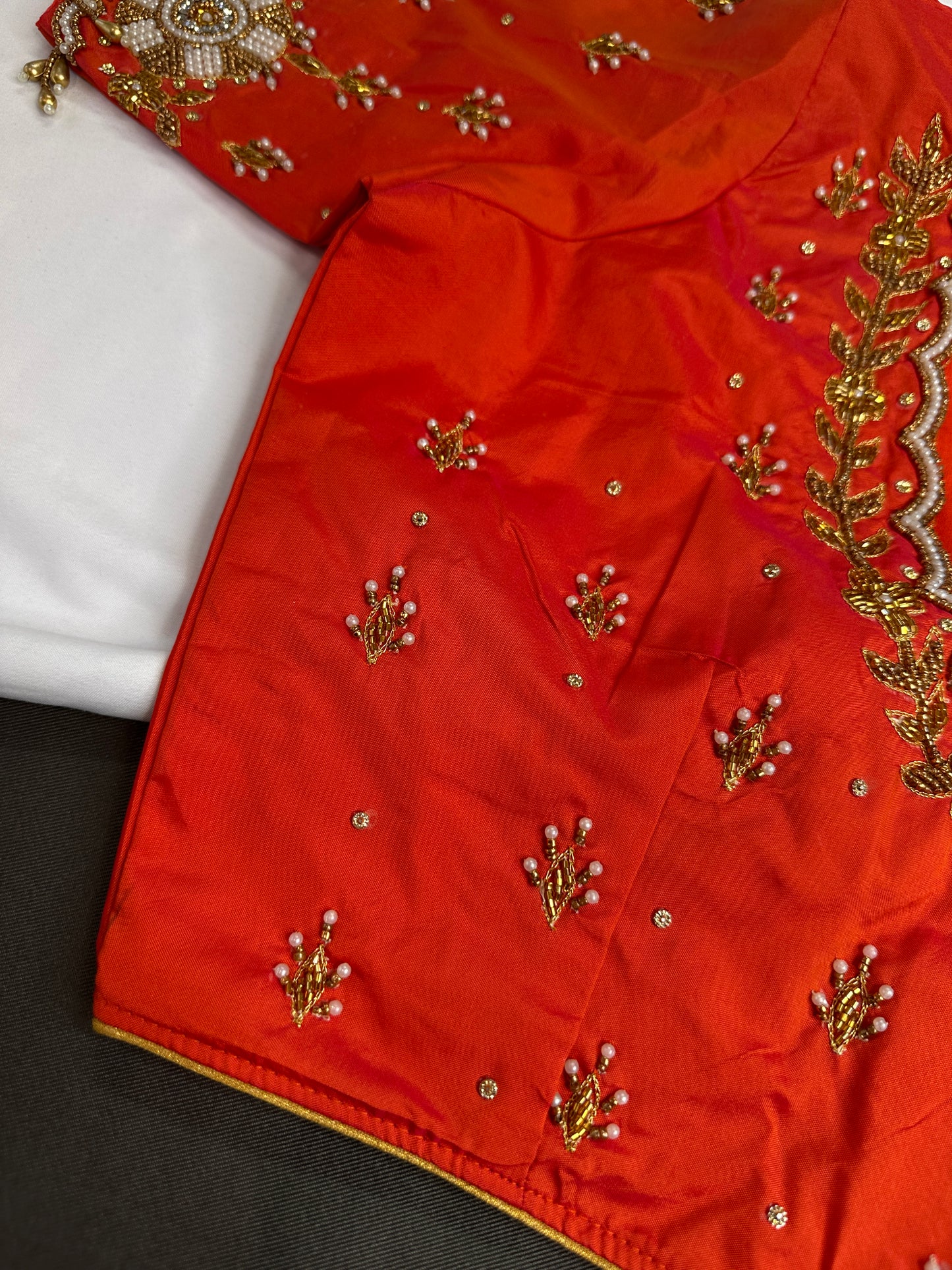 Orange  Pattu Silk  Pearl Maggam Aari Work Blouse - 