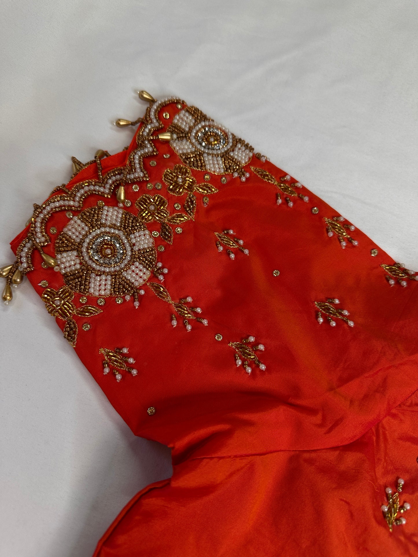 Orange  Pattu Silk  Pearl Maggam Aari Work Blouse - 