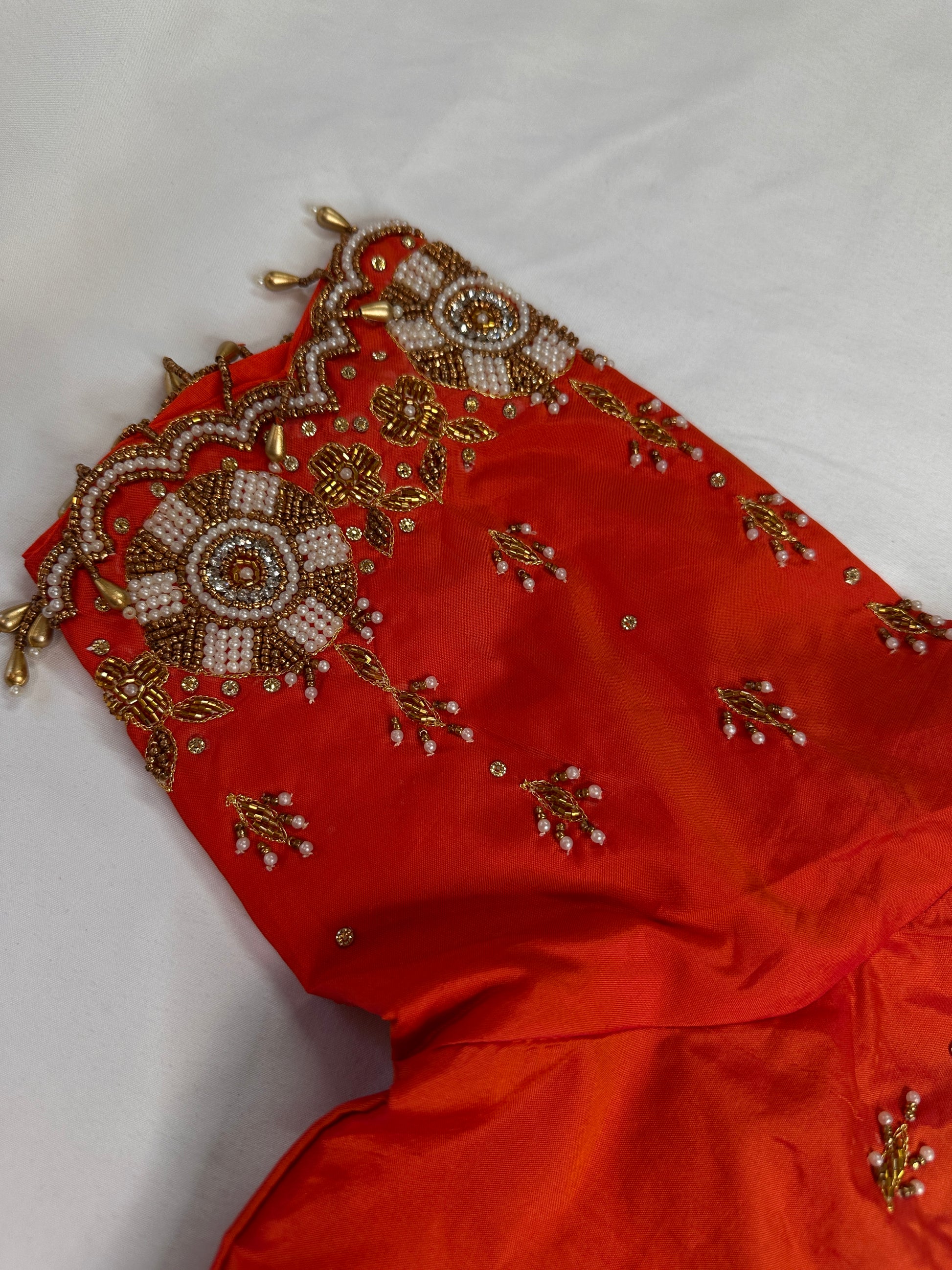 Orange  Pattu Silk  Pearl Maggam Aari Work Blouse - 