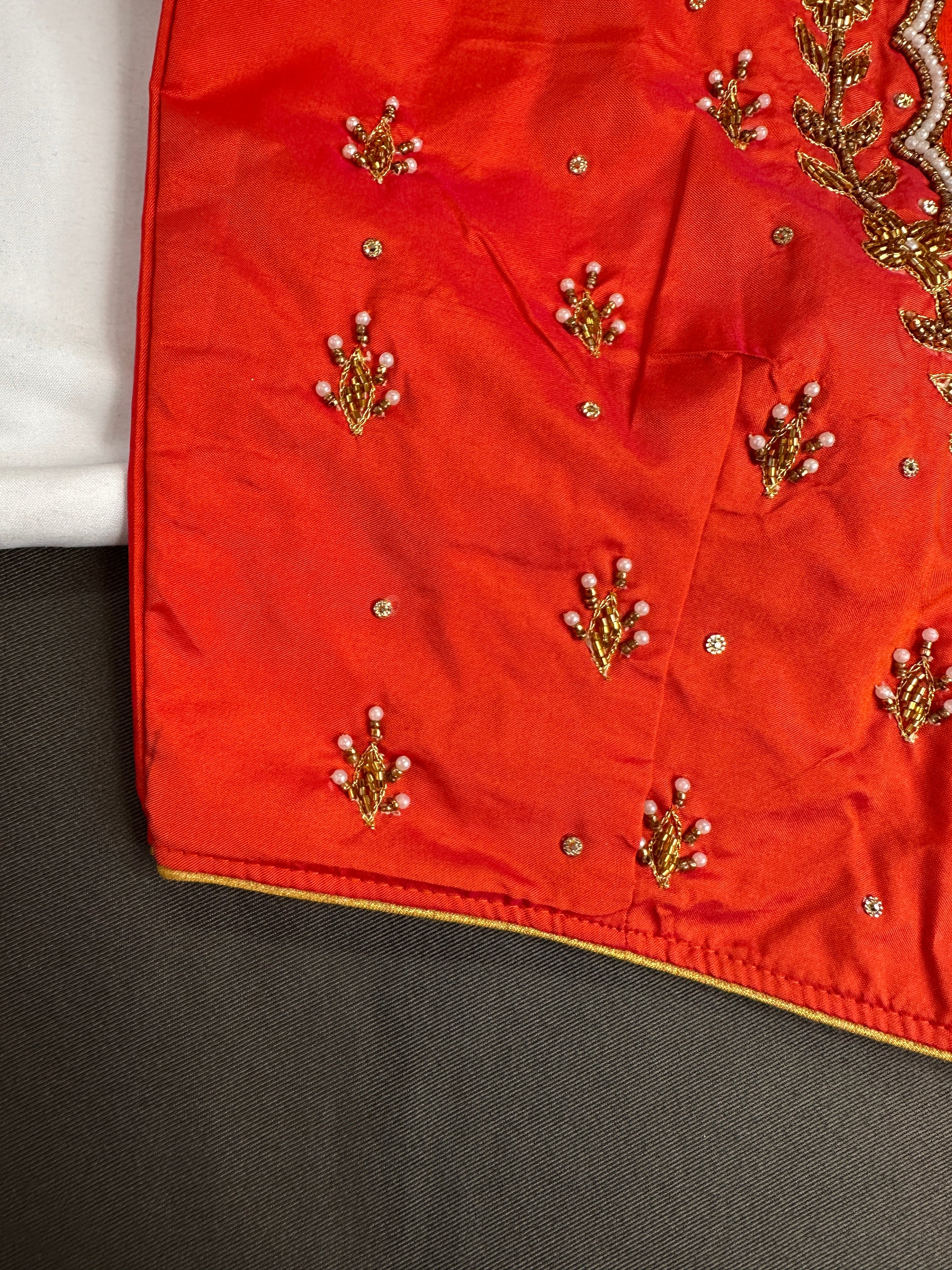 Orange  Pattu Silk  Pearl Maggam Aari Work Blouse - 