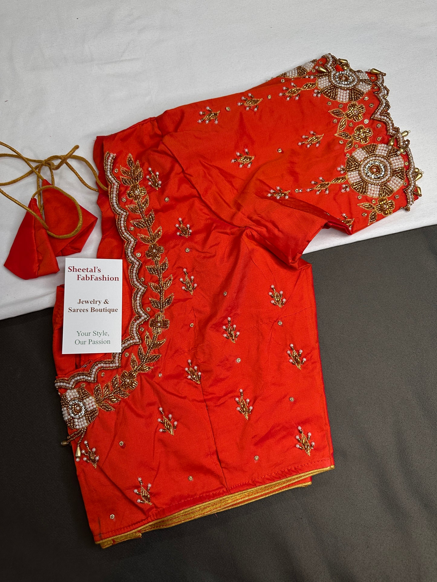 Orange  Pattu Silk  Pearl Maggam Aari Work Blouse - 