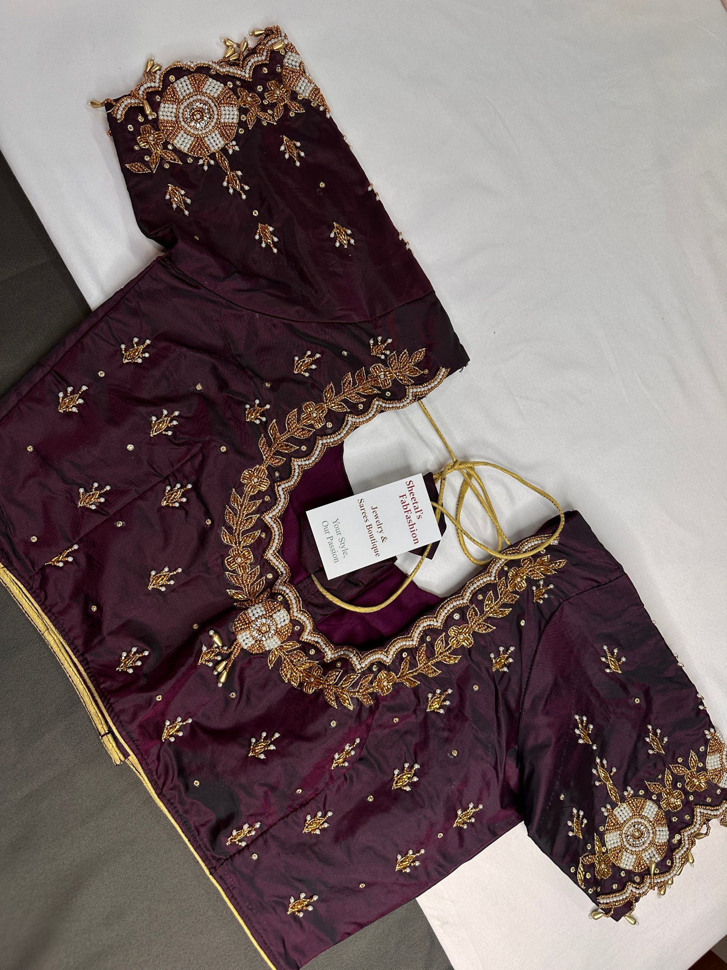 Plum  Pattu Silk  Pearl Maggam Aari Work Blouse - 