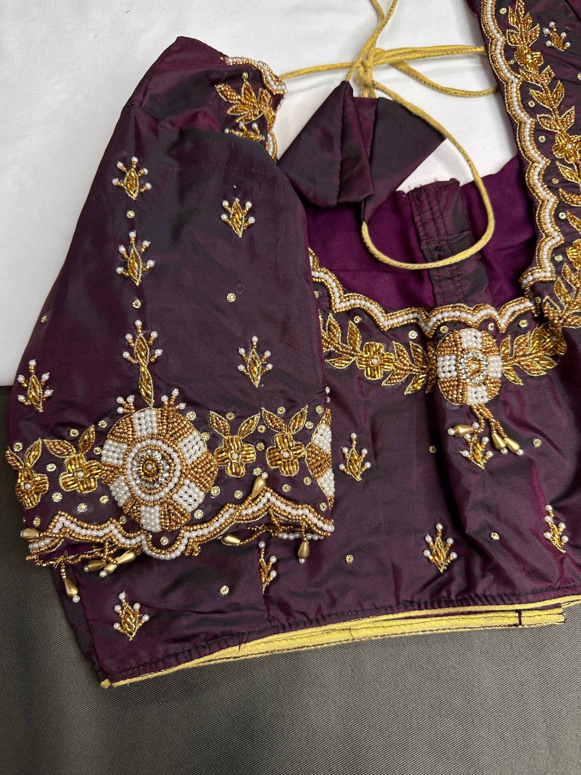 Plum  Pattu Silk  Pearl Maggam Aari Work Blouse - 