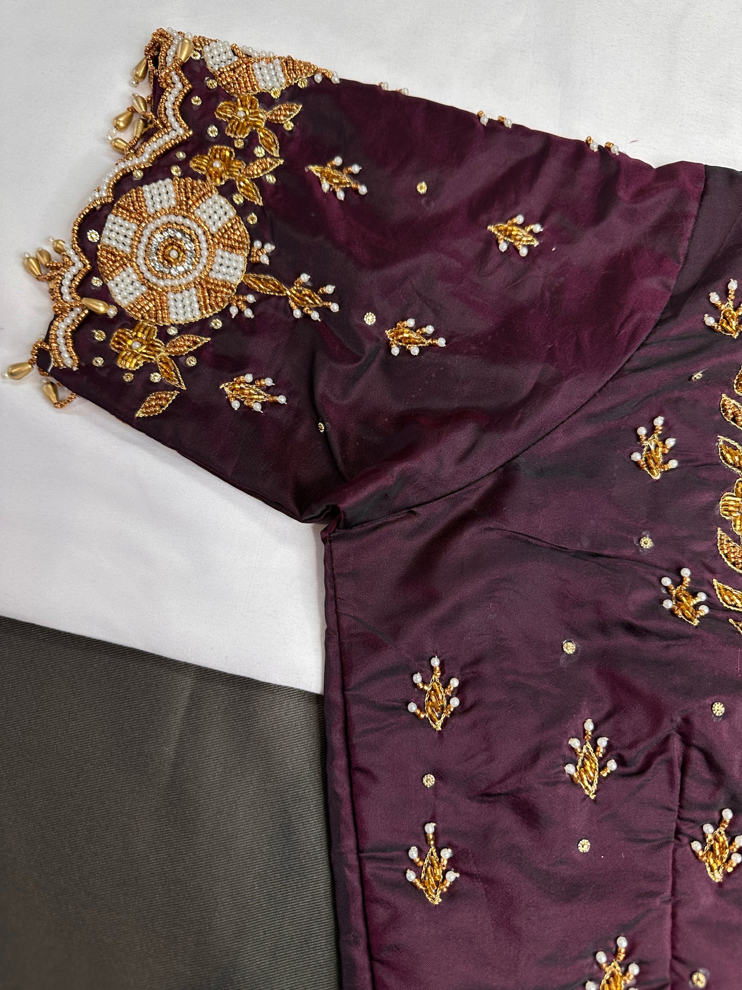Plum  Pattu Silk  Pearl Maggam Aari Work Blouse - 