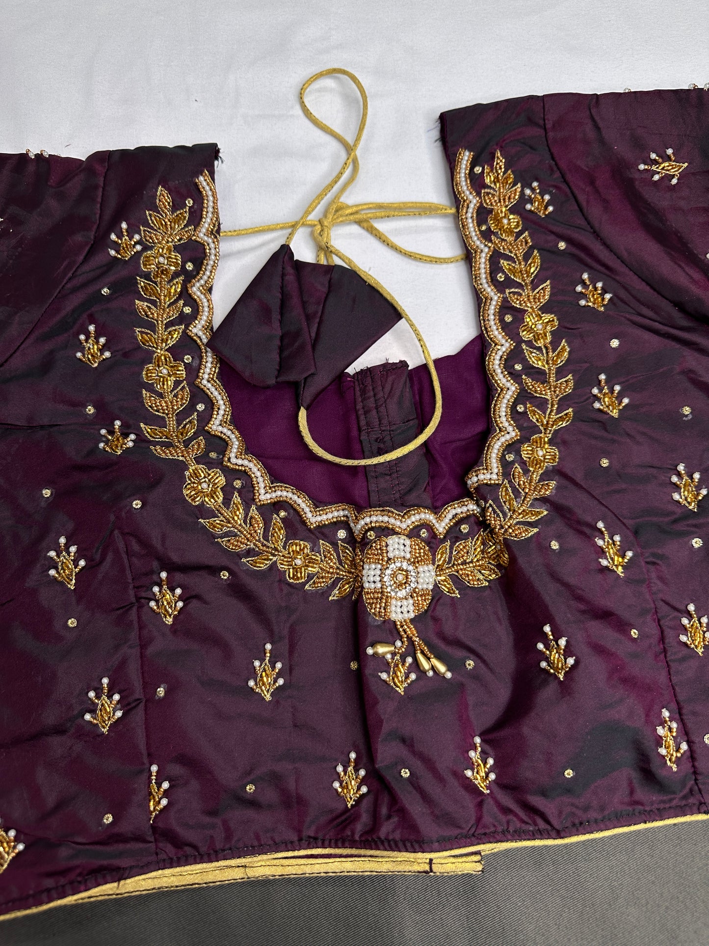 Plum  Pattu Silk  Pearl Maggam Aari Work Blouse - 