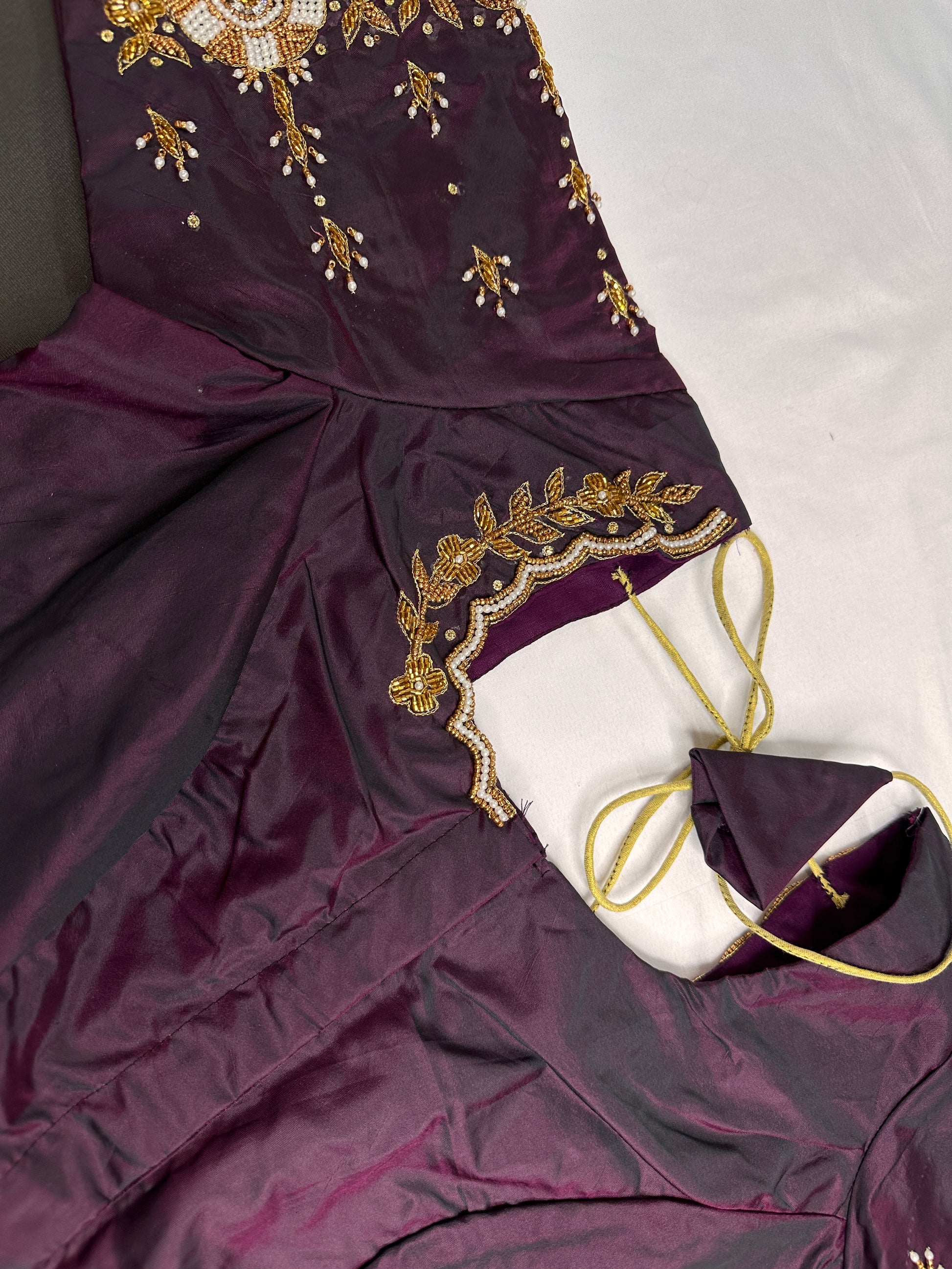 Plum  Pattu Silk  Pearl Maggam Aari Work Blouse - 