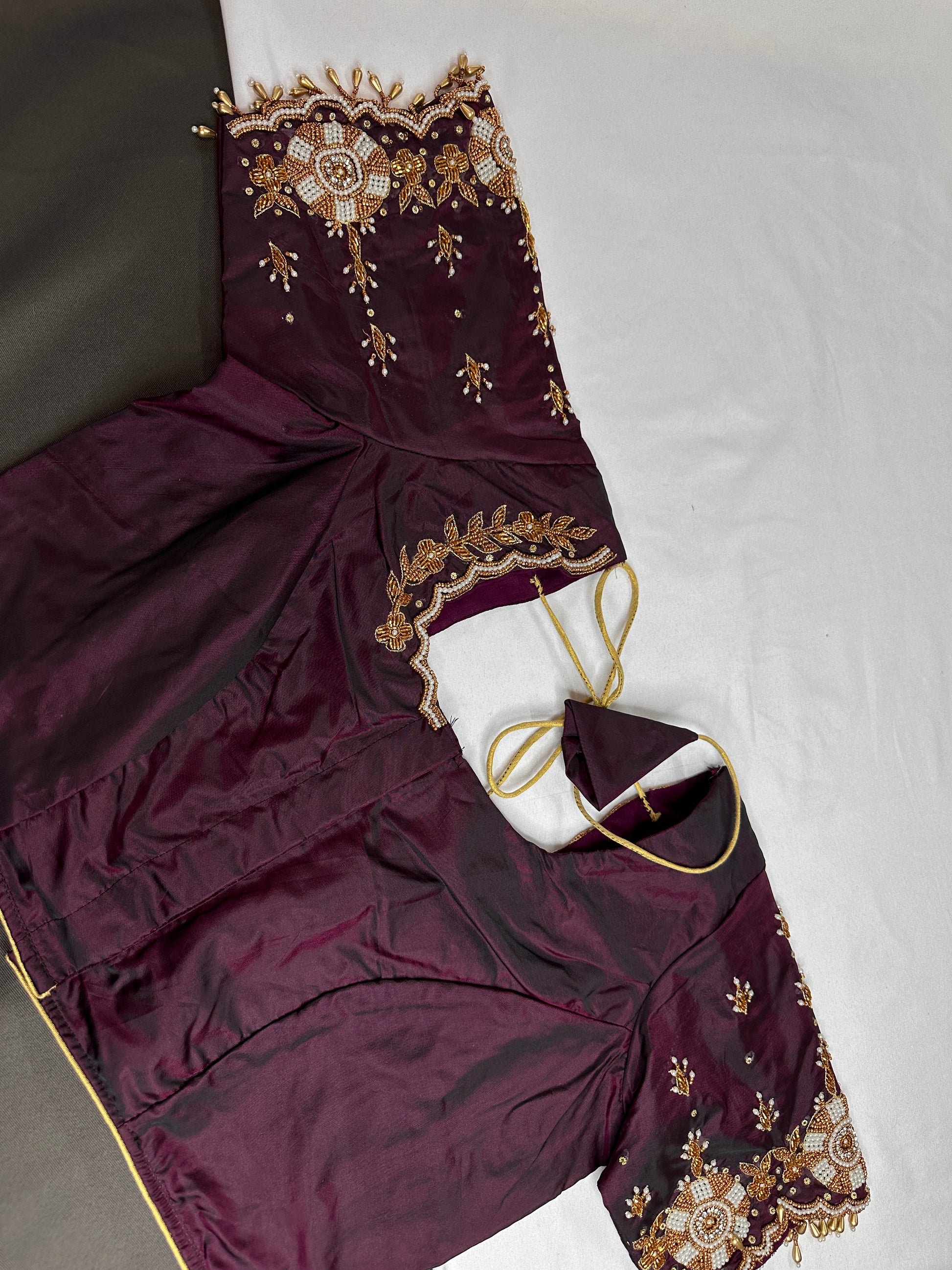 Plum  Pattu Silk  Pearl Maggam Aari Work Blouse - 