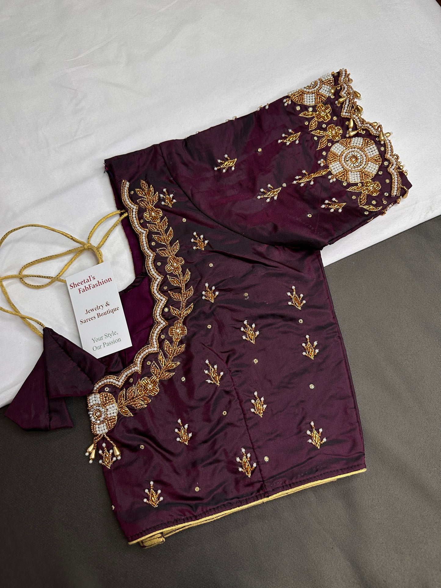 Plum  Pattu Silk  Pearl Maggam Aari Work Blouse - 