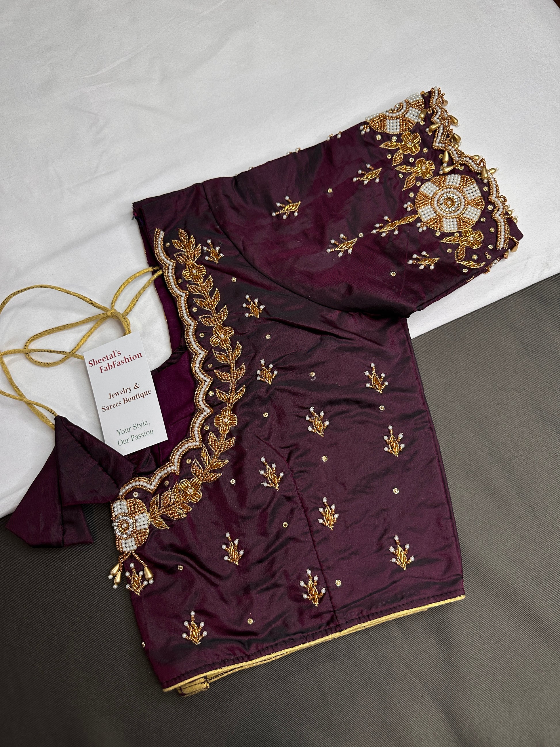 Plum  Pattu Silk  Pearl Maggam Aari Work Blouse - 