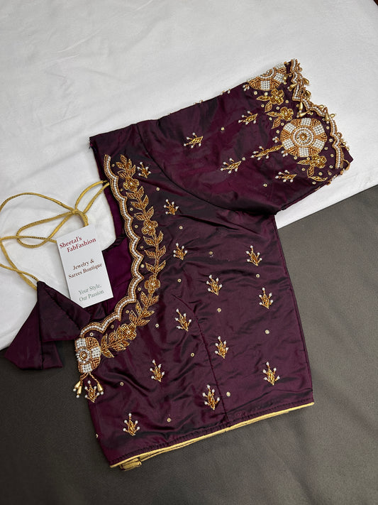 Plum  Pattu Silk  Pearl Maggam Aari Work Blouse - 