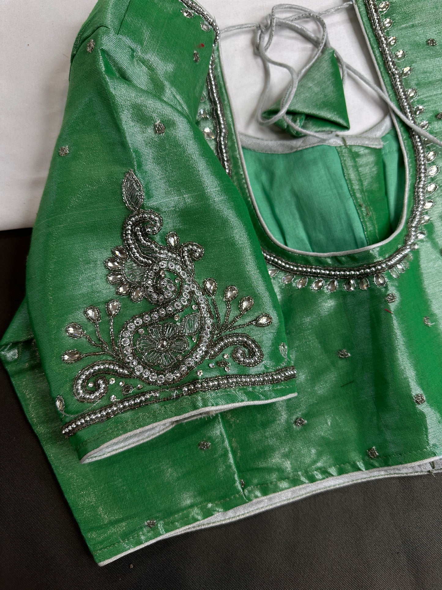Green Tissue Silk Maggam Aari Work Blouse - 