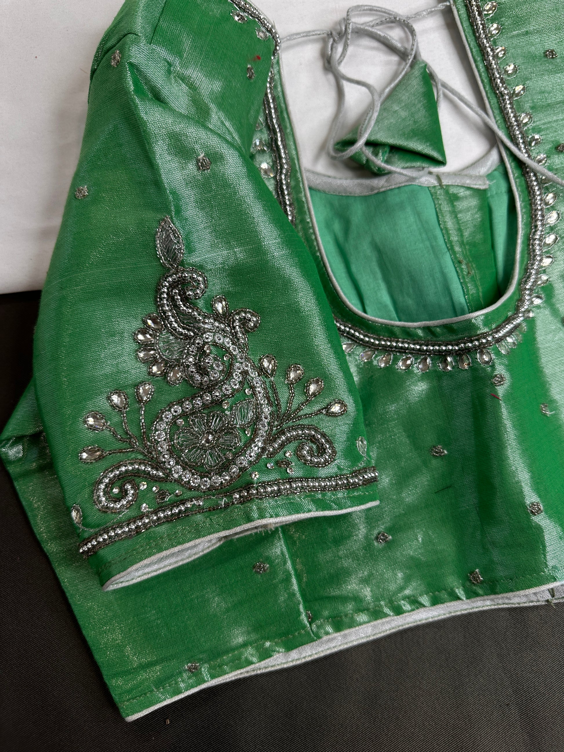 Green Tissue Silk Maggam Aari Work Blouse - 