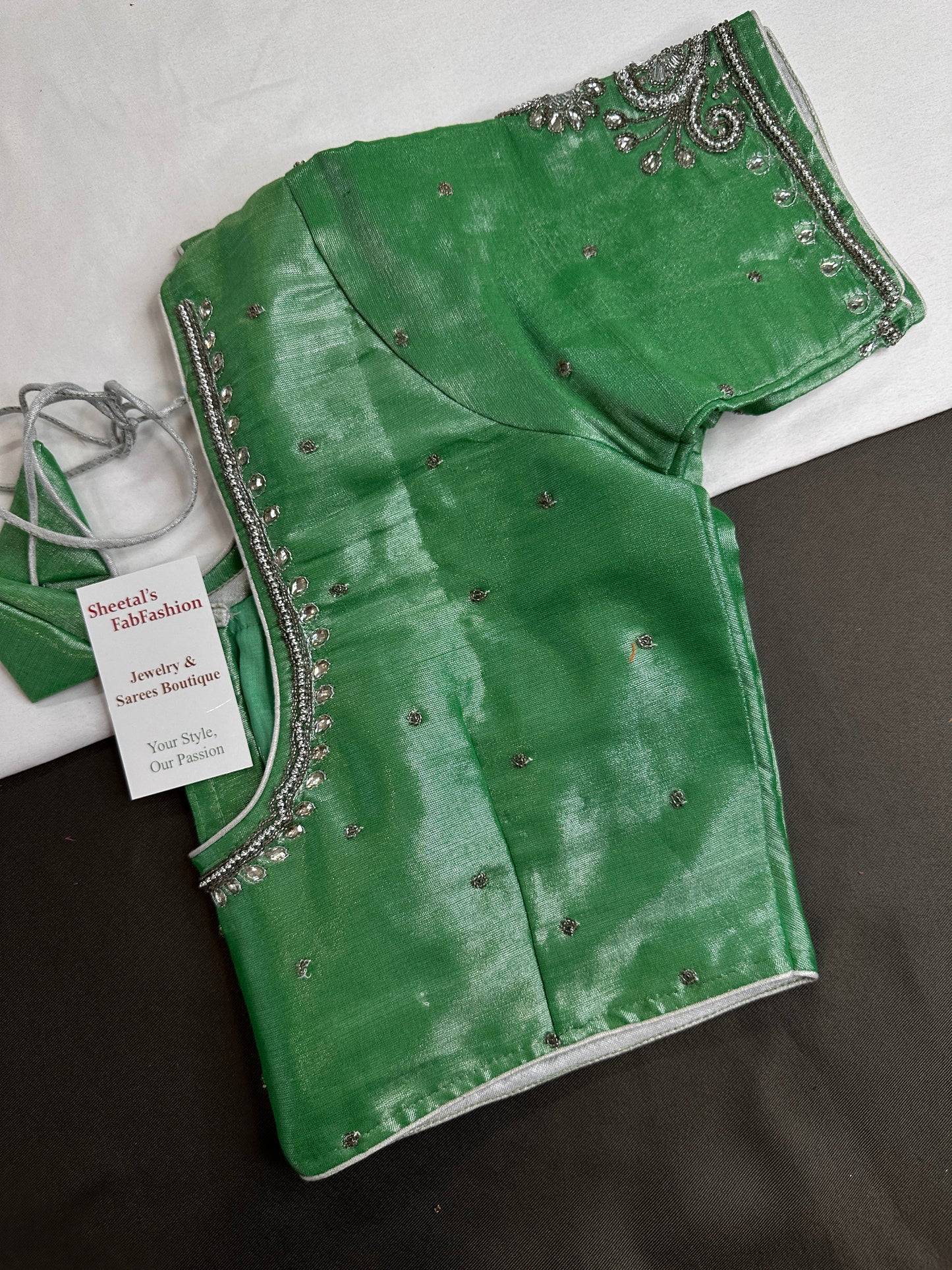 Green Tissue Silk Maggam Aari Work Blouse - 